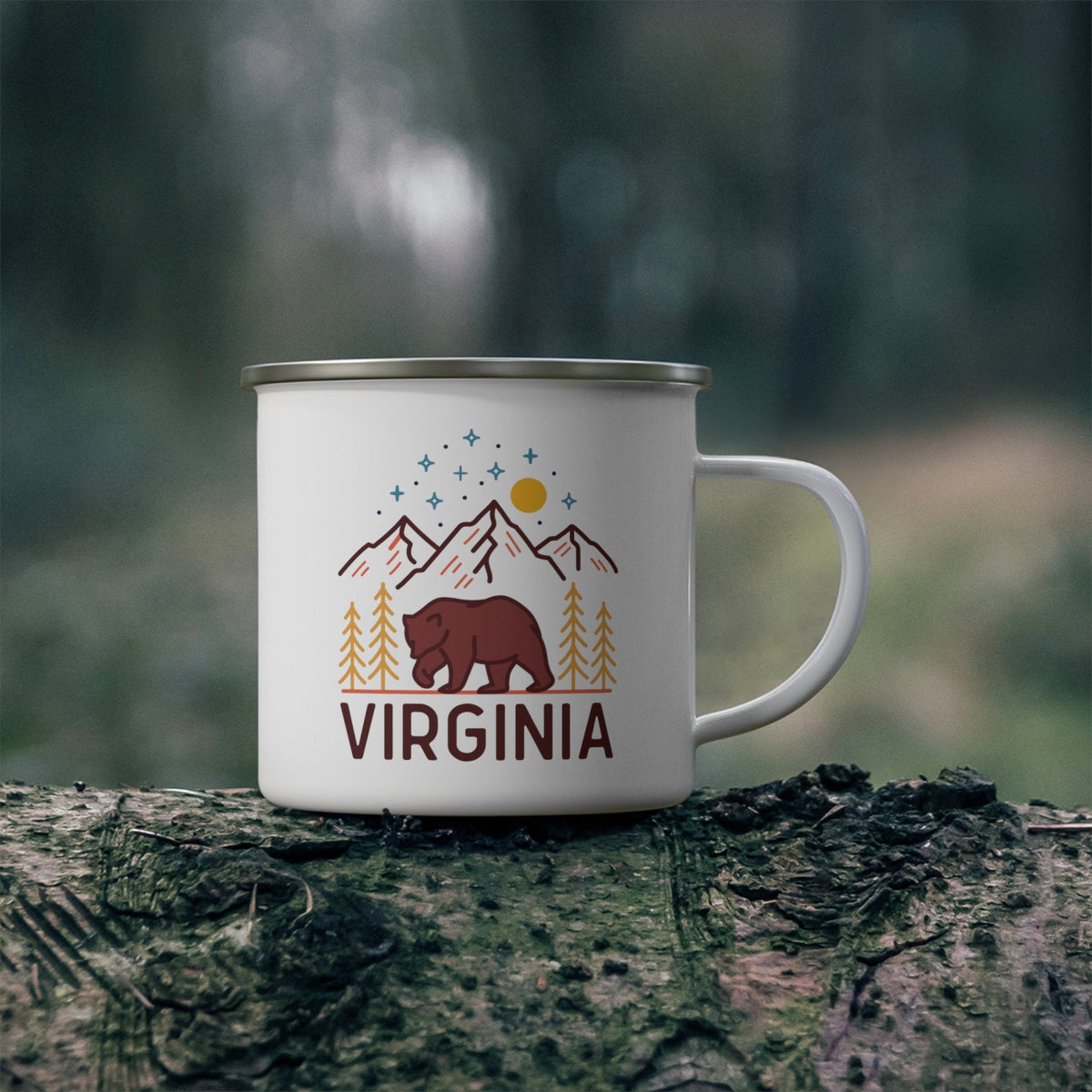 Virginia Camp Mug Retro Enamel Campfire Virginia Mug Personalization Available Graphic Tee – Aesthetic Look · Top Pick For Any Outfit
