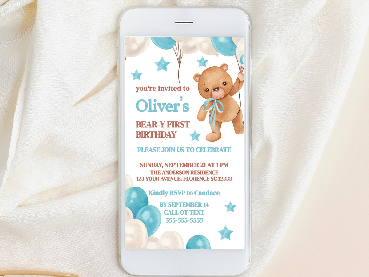 Beary First Birthday Digital Invitation 1St Birthday Boy Teddy Bear Birthday 1St Birthday Invite Boy Blue Balloon Bday Text Invitation BEAR2 Graphic Tee – Feel-Good Design · Must-Have Style