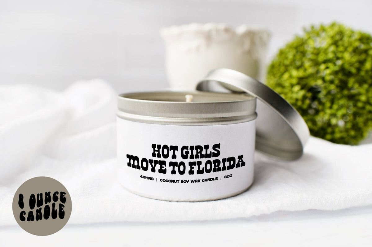 Florida Moving Away Candle Gifts Tin Coconut Soy Wax Scented Aromatherapy Vanilla Coffee Home Office Decor Graphic Tee – Premium Graphic · Trending Graphic Apparel