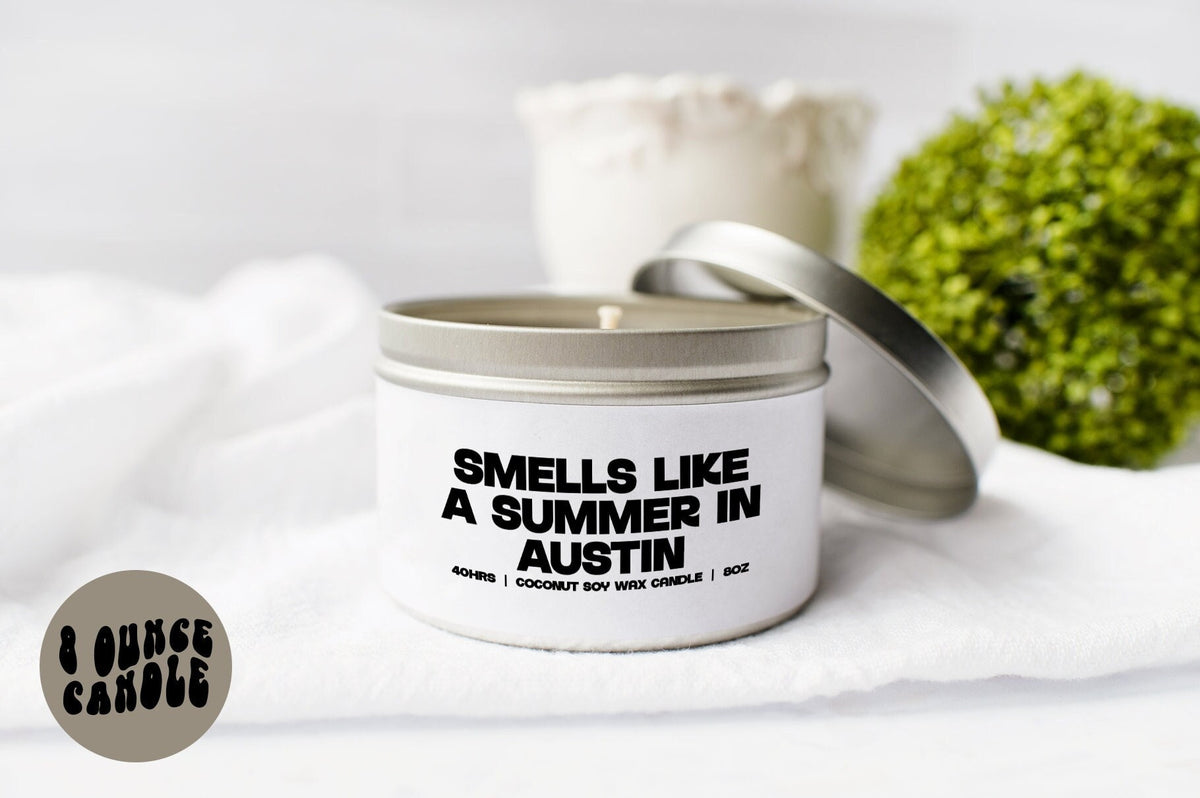 Austin Texas TX Candle Gifts Tin Coconut Soy Wax Scented Aromatherapy Vanilla Coffee Home Office Decor Graphic Tee – Everyday Comfort · Trending Graphic Apparel