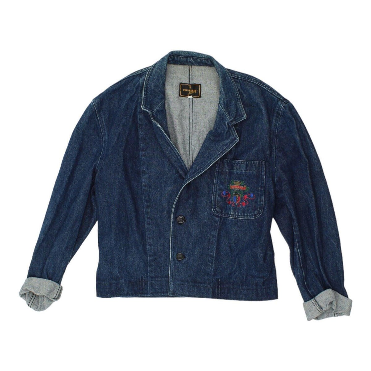 Trussardi Jeans Womens Blue Denim Blazer Jacket Vintage High End Designer VTG Graphic Tee – Warm & Stylish · High-Quality Print