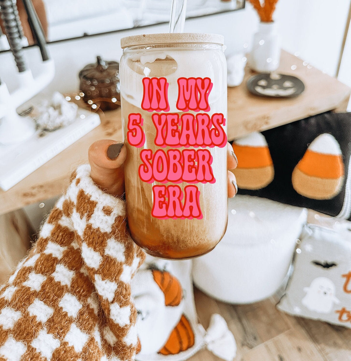 5 Years Sober Era Glass Tumbler Gifts Mug Reusable Cup Bamboo Lid Straw Iced Coffee Soda Can Graphic Tee – Cozy Vibes · Great Gift For Fans