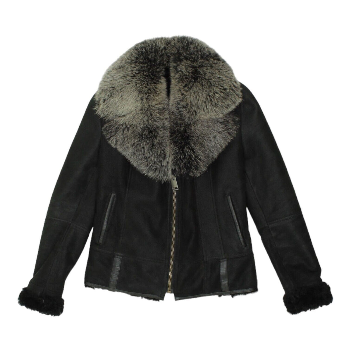 Mira Womens Black Sheepskin Fur Trim Full Zip Jacket Vintage High End Luxury Graphic Tee – Warm & Stylish · Top Pick For Any Outfit