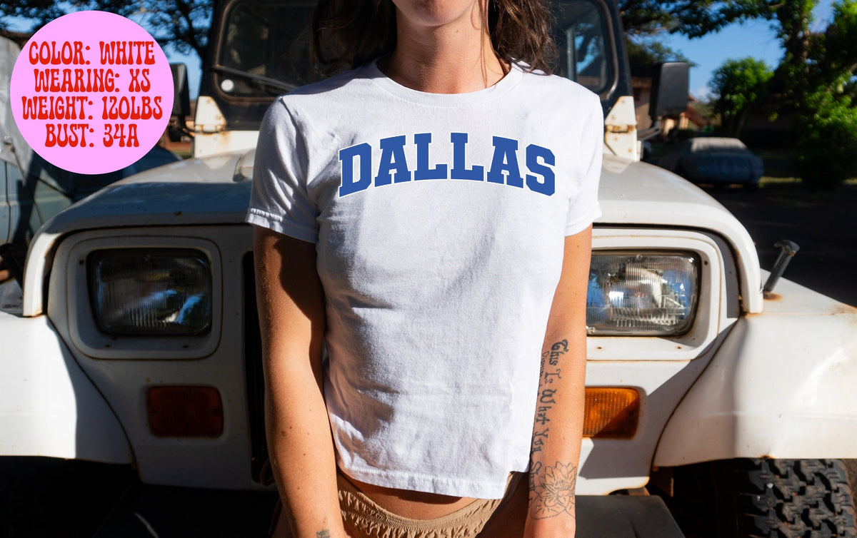 Dallas Texas Baby Tee SNUG FIT Gifts Shirt Tshirt Her Women Trendy 90s Y2K Summer Pink Blue White Grey Aesthetic Graphic Tee – Warm & Stylish · Must-Have Style