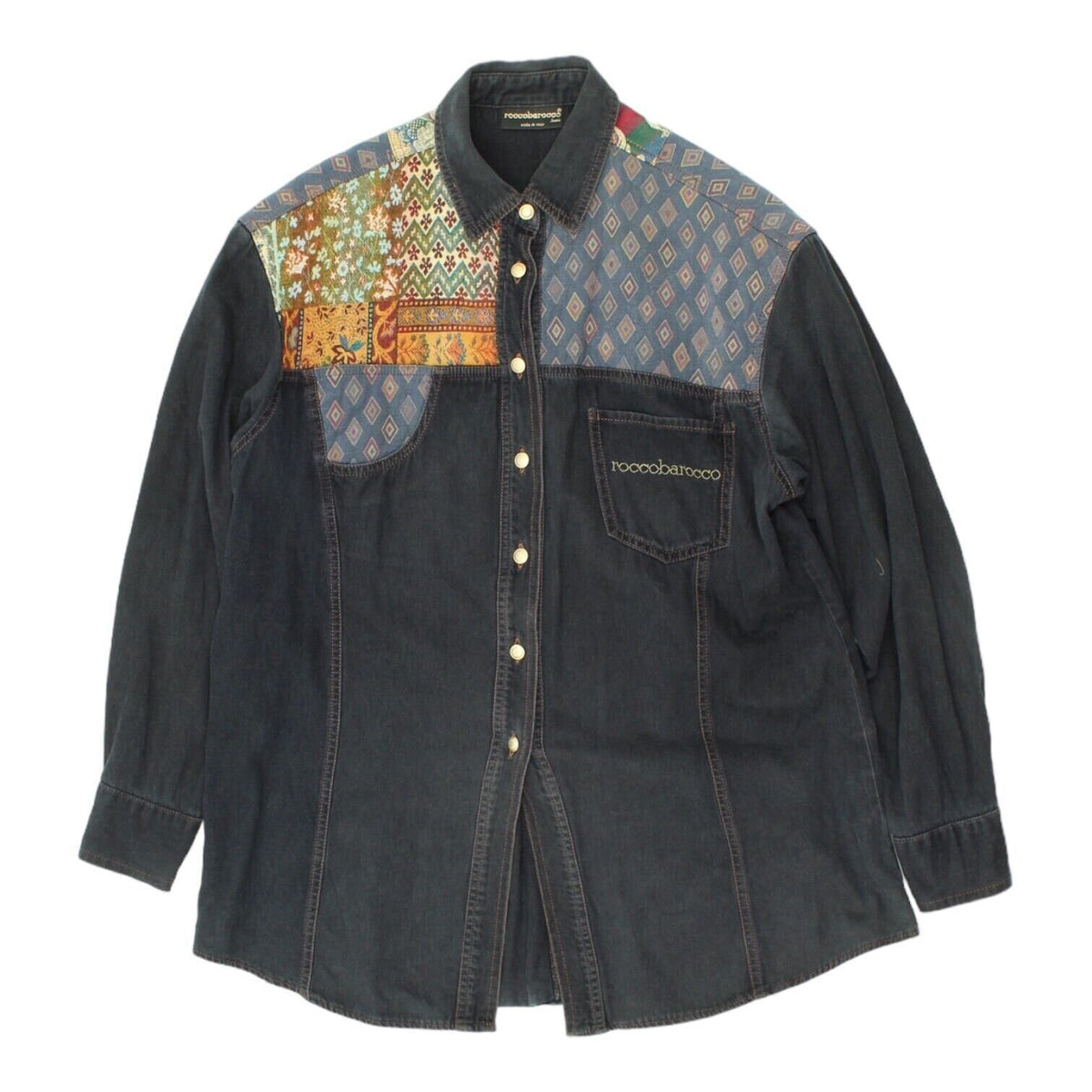 Roccobarocco Womens Button Up Embroidered Denim Shirt Vintage Luxury Designer Graphic Tee – Feel-Good Design · Top Pick For Any Outfit