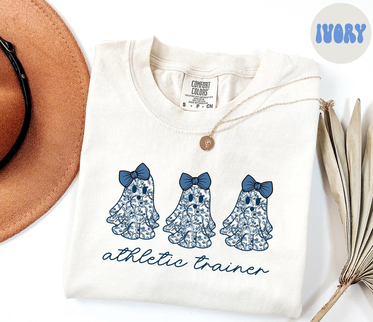 Athletic Trainer French Blue Toile Halloween Ghosts Coquette Floral Shirt Gifts Comfort Colors Tshirt Crewneck Tee Crew Neck Women Graphic Tee – Premium Graphic · Perfect For Daily Wear