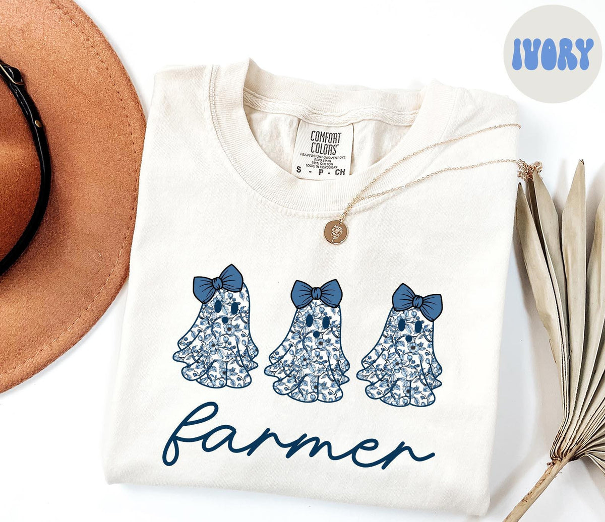 Farmer French Blue Toile Halloween Ghosts Coquette Floral Shirt Gifts Comfort Colors Tshirt Crewneck Tee Crew Neck Women Graphic Tee – Easygoing Wear · Great Gift For Fans