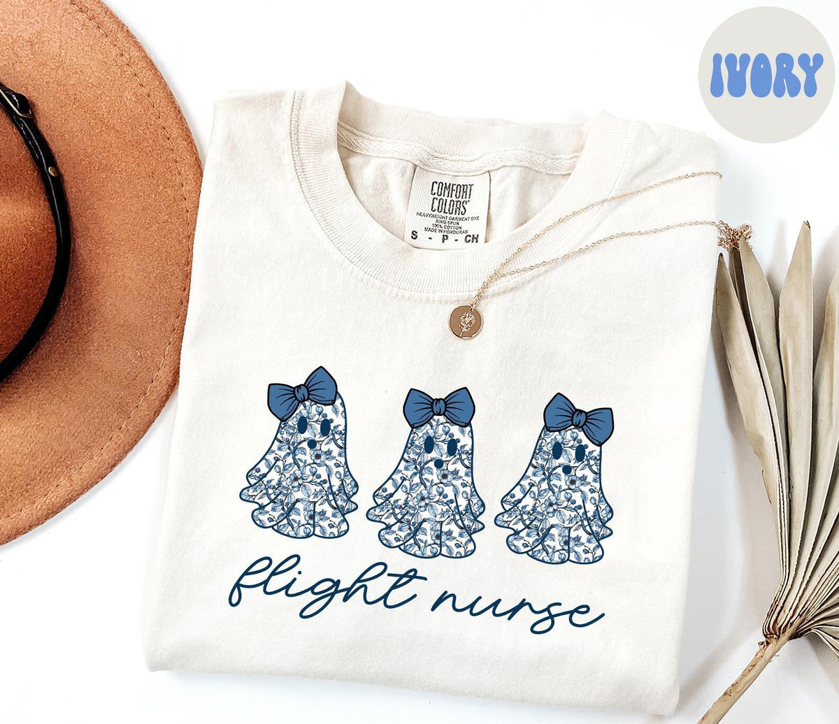 Flight Nurse French Blue Toile Halloween Ghosts Coquette Floral Shirt Gifts Comfort Colors Tshirt Crewneck Tee Crew Neck Women Graphic Tee – Warm & Stylish · Top Pick For Any Outfit