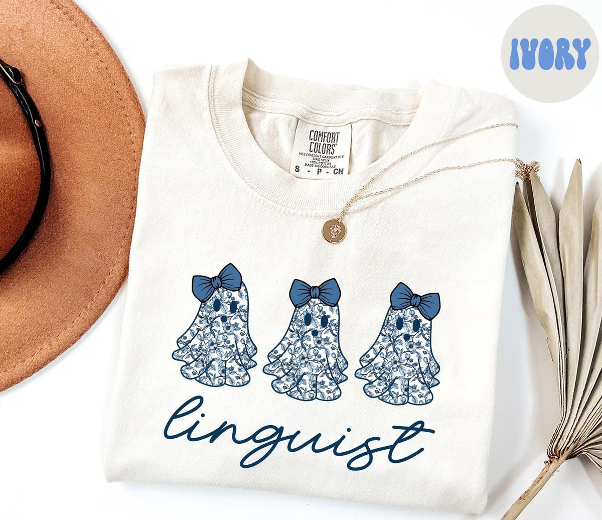 Linguist Linguistics French Blue Toile Halloween Ghosts Coquette Floral Shirt Gifts Comfort Colors Tshirt Crewneck Tee Crew Neck Women Graphic Tee – Easygoing Wear · Great Gift For Fans