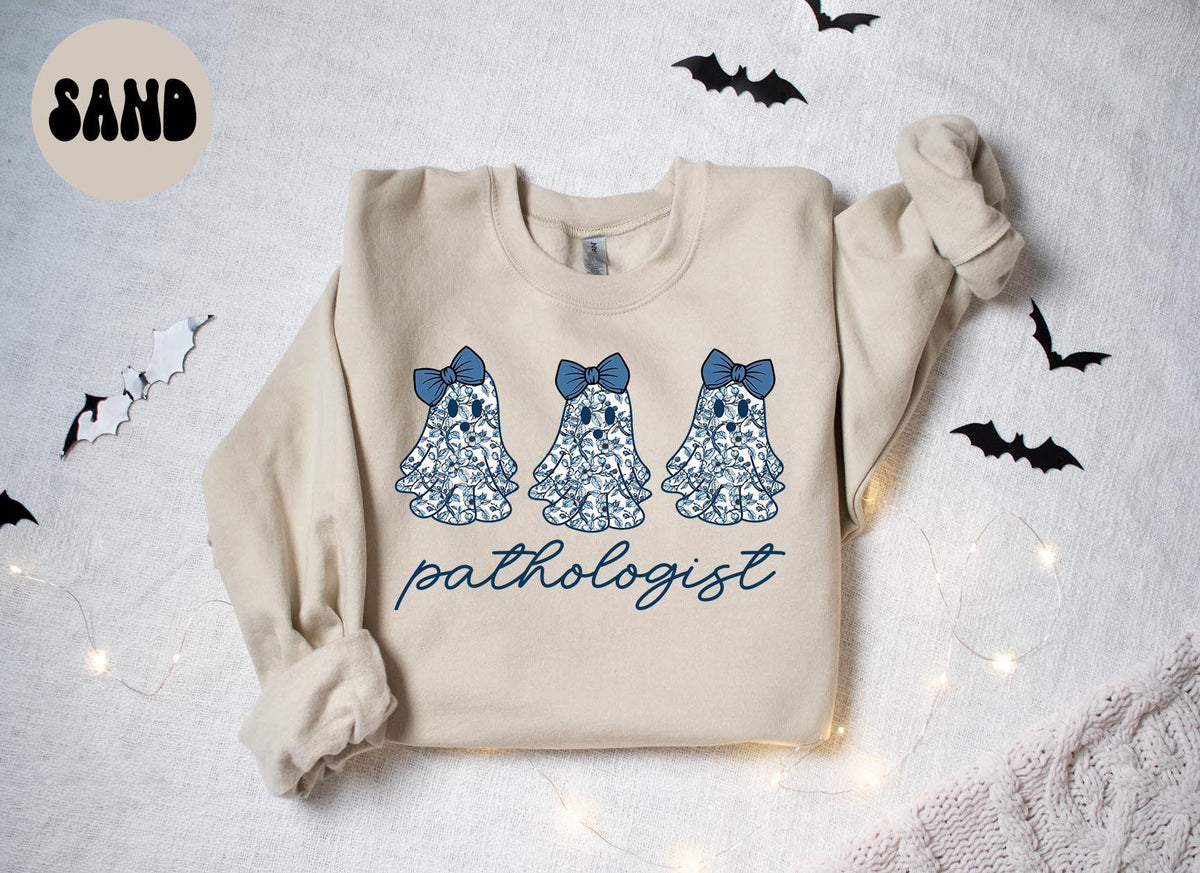 Pathologist Pathology French Blue Toile Halloween Ghosts Coquette Floral Sweatshirt Gifts for Her Funny Sweater Shirt Cozy Comfy Unique Sweatshirt – Everyday Comfort · Top Pick For Any Outfit