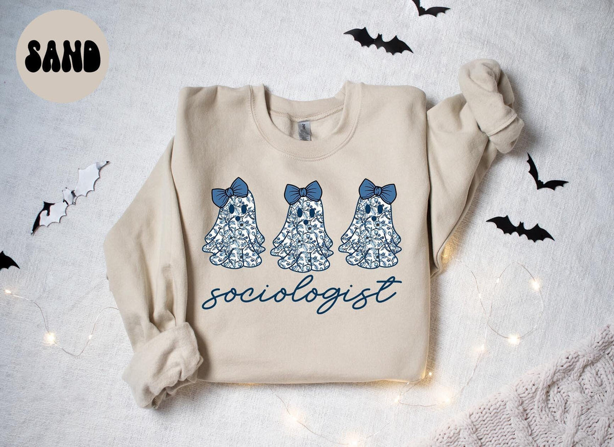 Sociologist Sociology French Blue Toile Halloween Ghosts Coquette Floral Sweatshirt Gifts for Her Funny Sweater Shirt Cozy Comfy Unique Sweatshirt – Soft Feel · Top Pick For Any Outfit