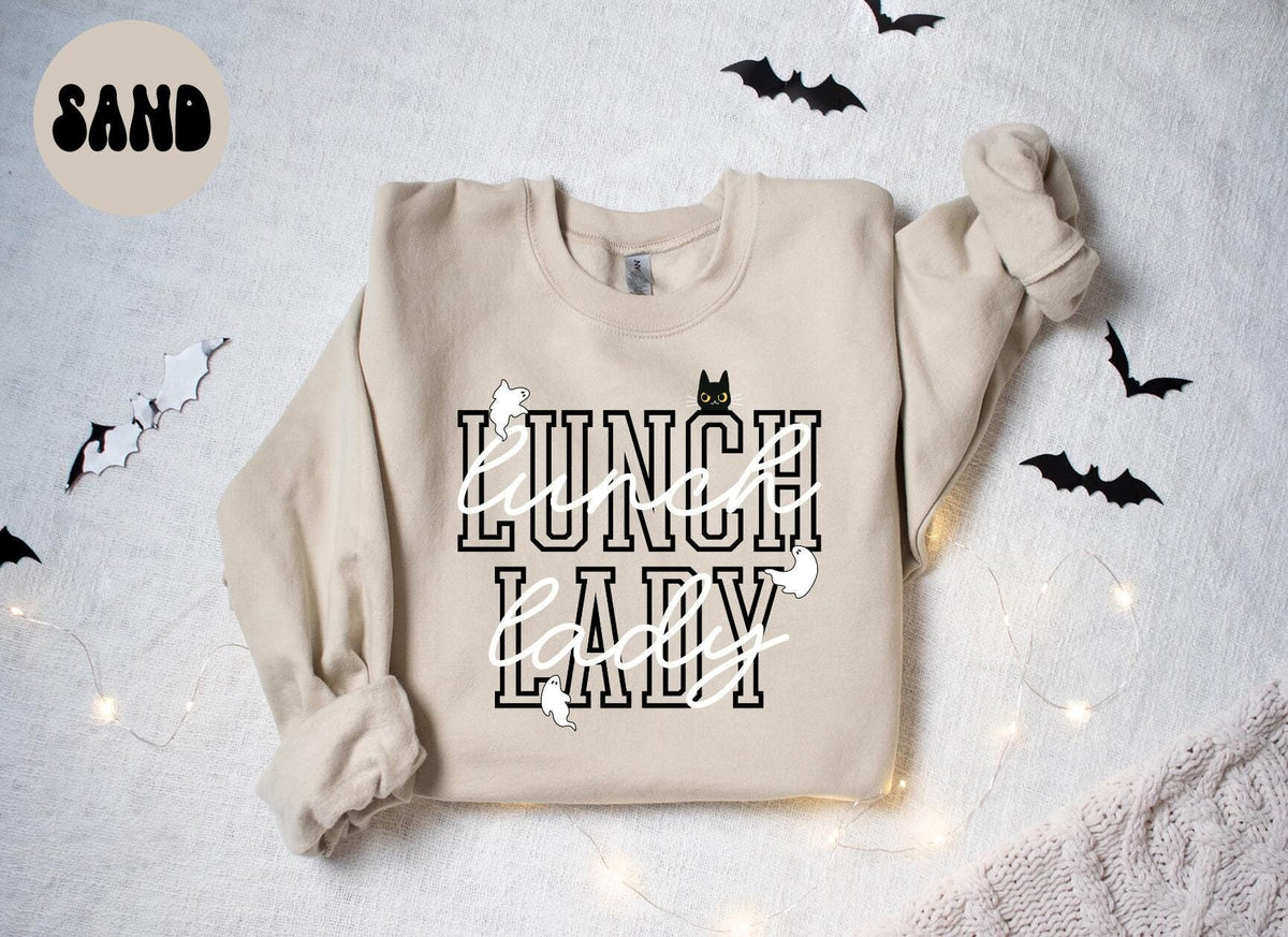 Lunch Lady Halloween Ghost Cat Sweatshirt Gifts for Her Funny Sweater Shirt Cozy Comfy Unique Sweatshirt – Everyday Comfort · High-Quality Print