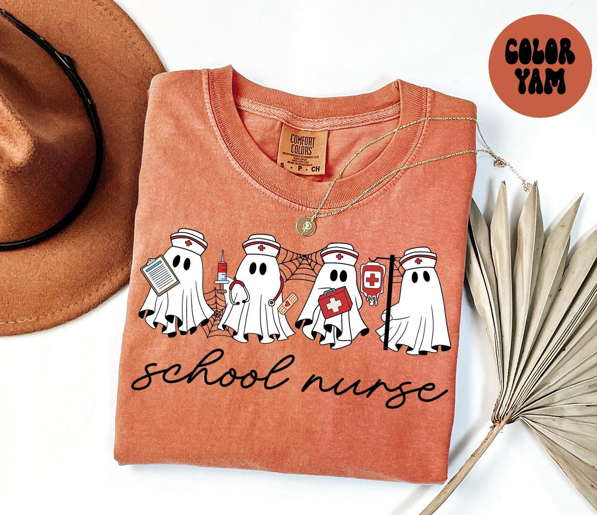 School Nurse Halloween Ghost Shirt Gifts Comfort Colors Tshirt Crewneck Tee Crew Neck Men Women Graphic Tee – Fan Favorite · Trending Graphic Apparel