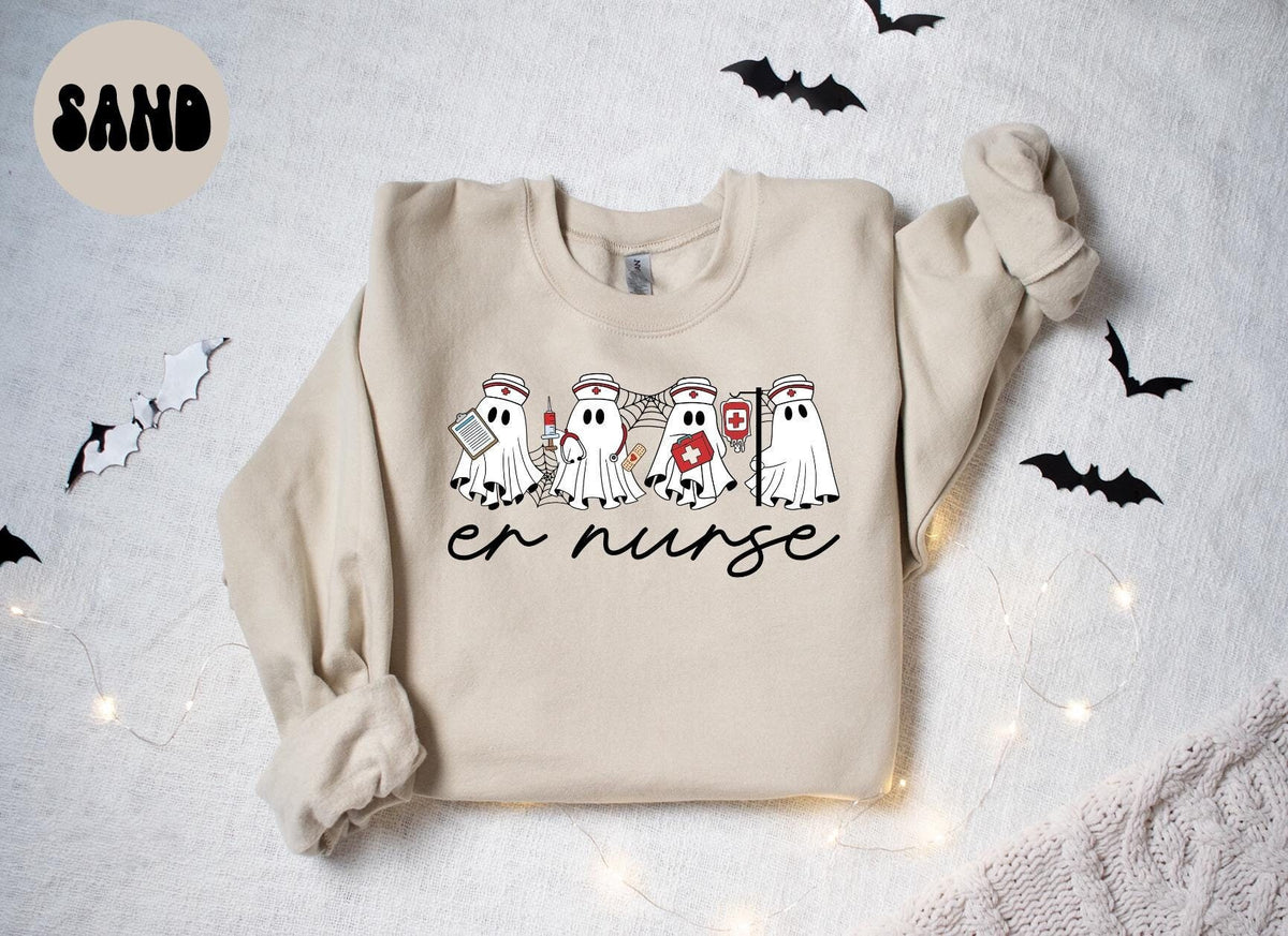 ER Nurse Emergency Room Nursing Halloween Ghost Sweatshirt Gifts for Her Funny Sweater Shirt Cozy Comfy Unique Sweatshirt – Warm & Stylish · Perfect For Daily Wear