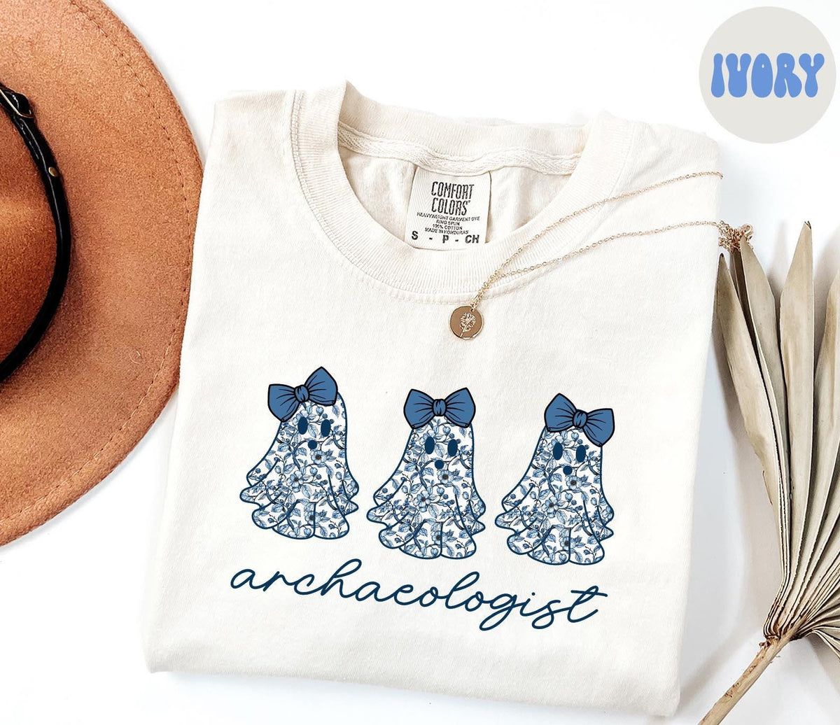 Archaeologist Archaeology French Blue Toile Halloween Ghosts Coquette Shirt Gifts Comfort Colors Tshirt Crewneck Tee Crew Neck Women Graphic Tee – Easygoing Wear · Top Pick For Any Outfit
