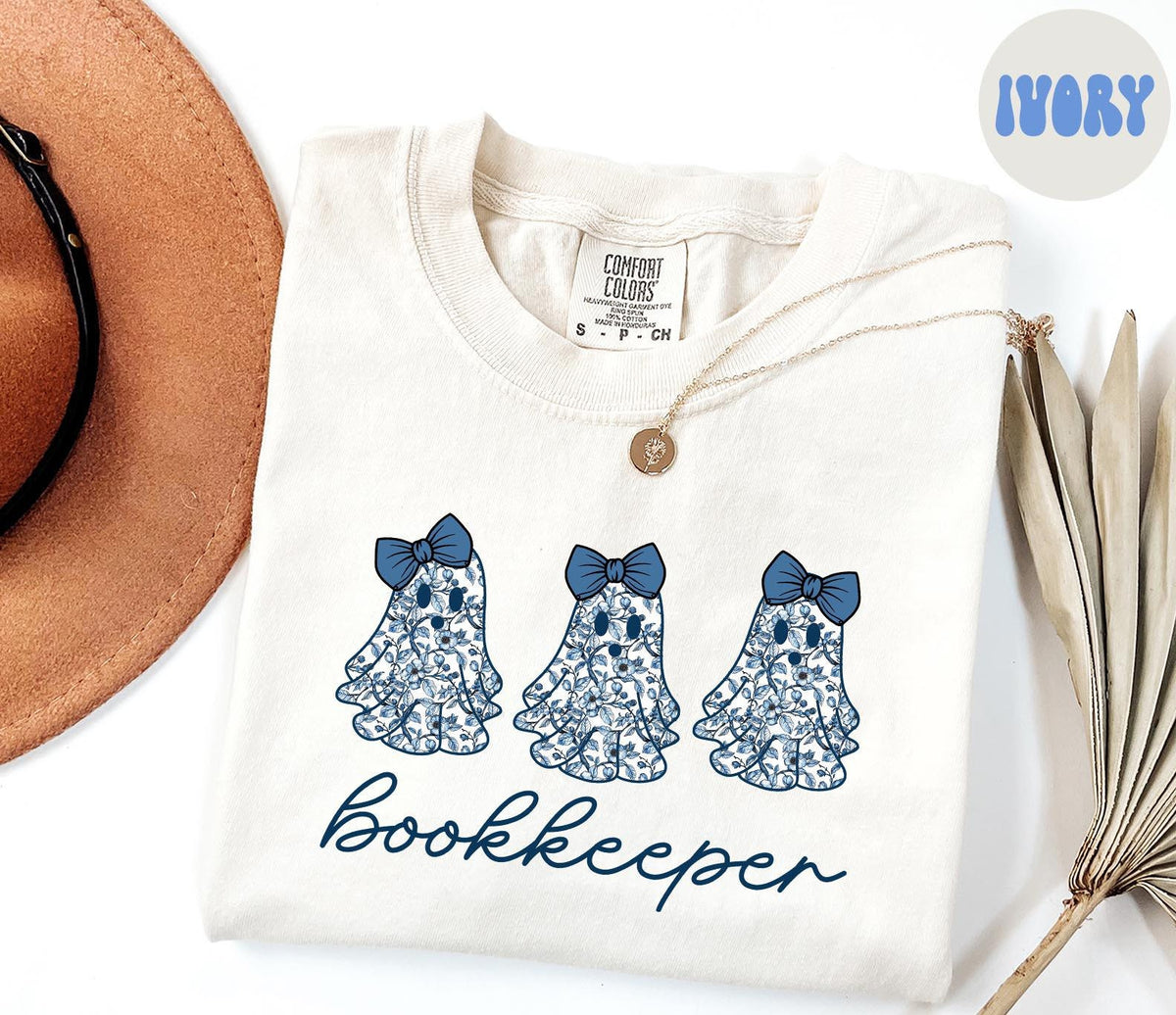 BOOKKEEPER French Blue Toile Halloween Ghosts Coquette Floral Shirt Gifts Comfort Colors Tshirt Crewneck Tee Crew Neck Women Graphic Tee – Soft Feel · Must-Have Style