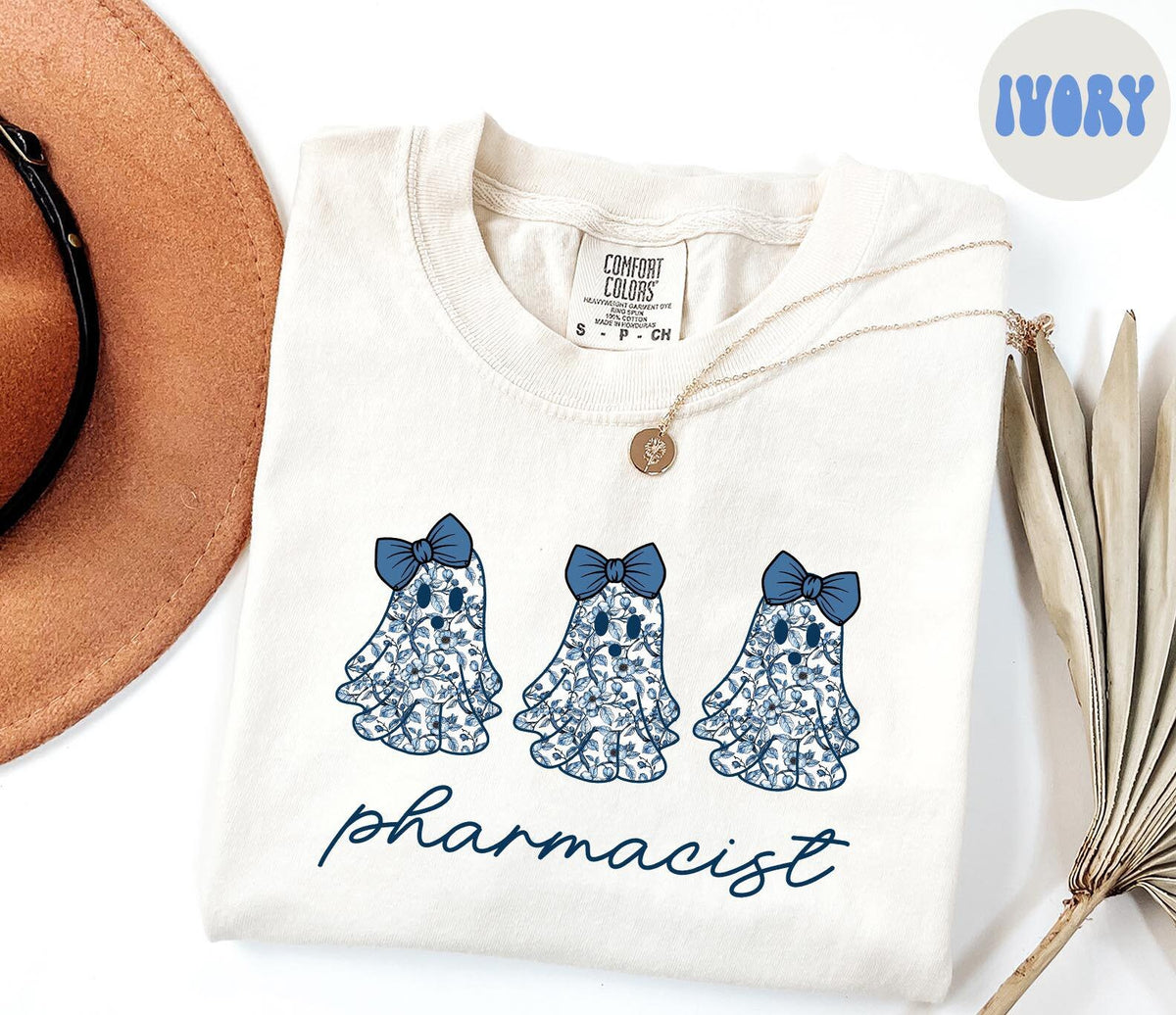 Pharmacist French Blue Toile Halloween Ghosts Coquette Floral Shirt Gifts Comfort Colors Tshirt Crewneck Tee Crew Neck Women Graphic Tee – Bold Style · Perfect For Daily Wear