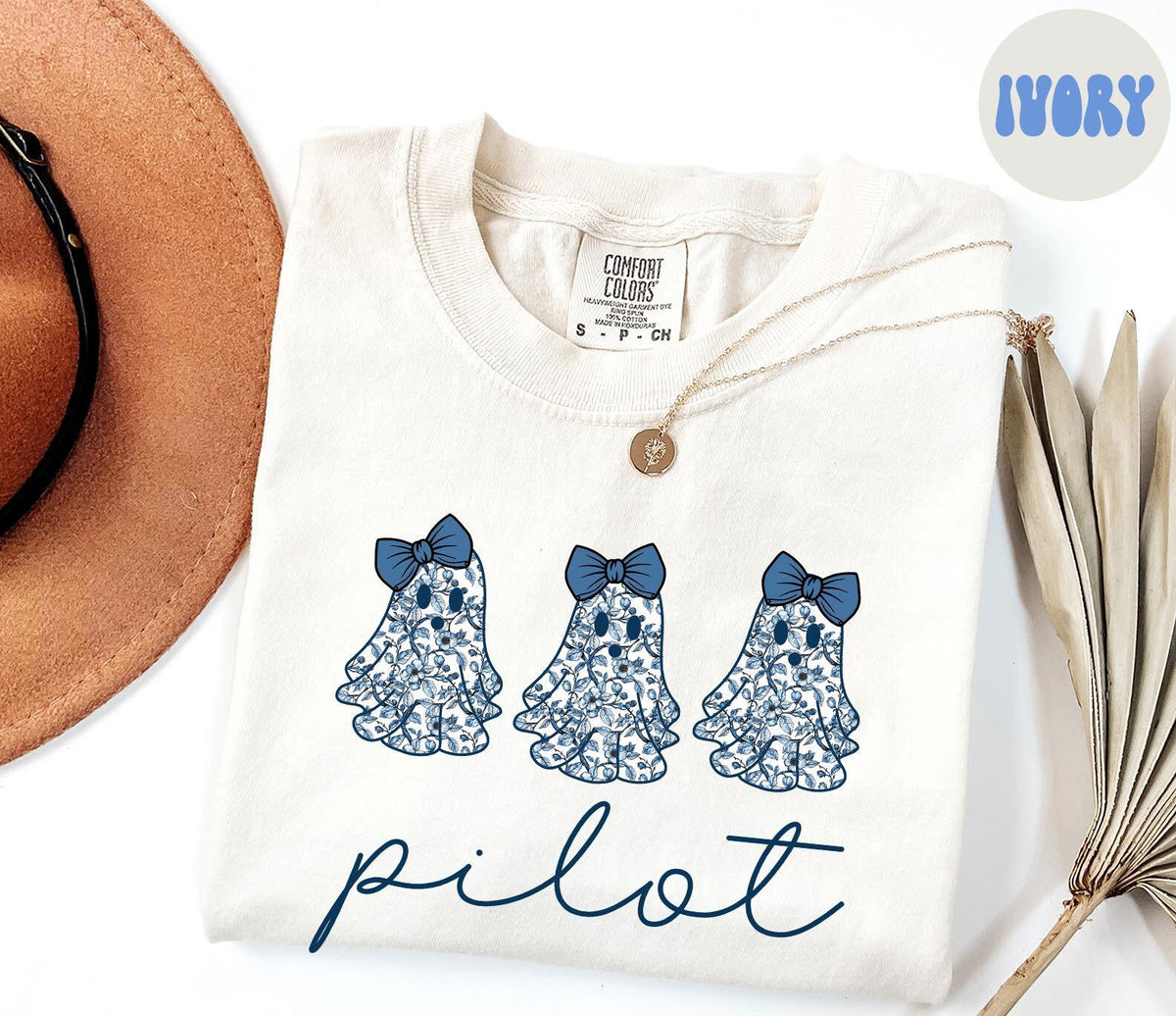 Pilot French Blue Toile Halloween Ghosts Coquette Floral Shirt Gifts Comfort Colors Tshirt Crewneck Tee Crew Neck Women Graphic Tee – Warm & Stylish · Great Gift For Fans