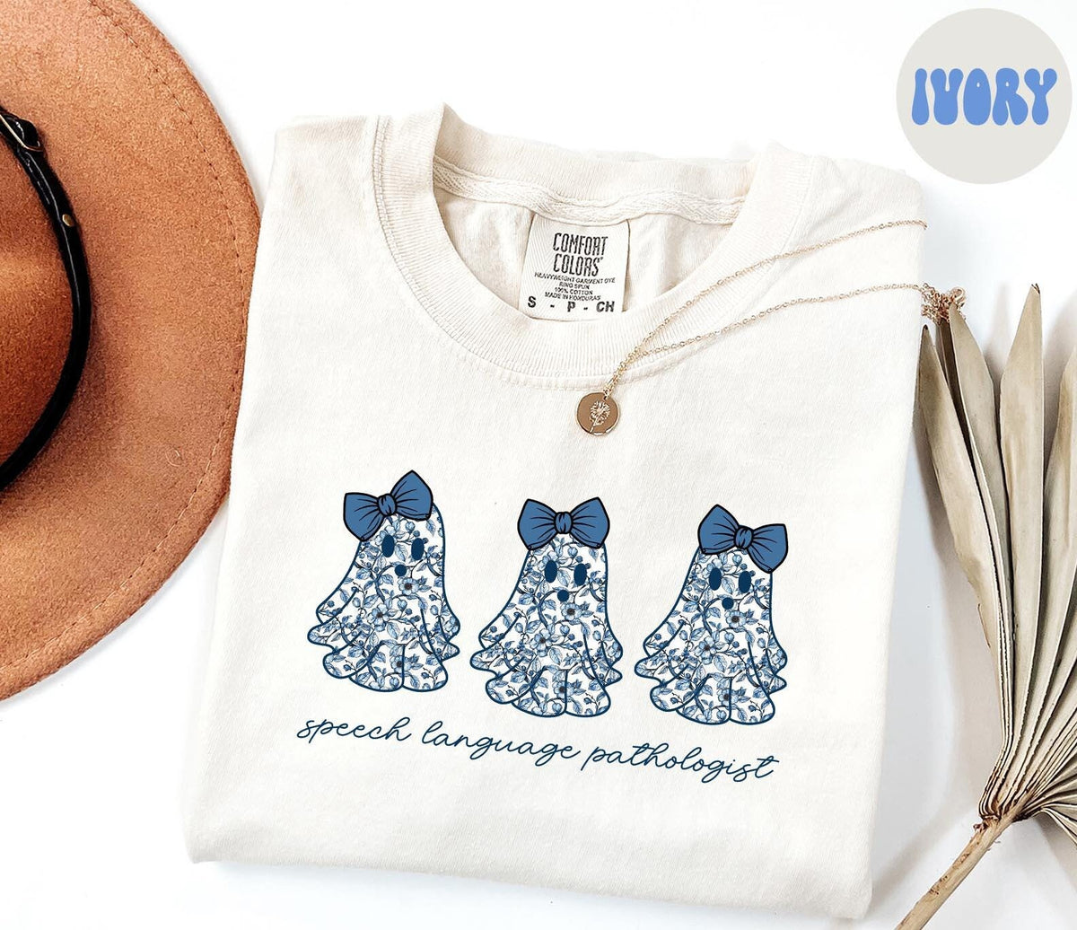 SLP Speech Language Pathologist French Blue Toile Halloween Ghost Coquette Shirt Gift Comfort Colors Tshirt Crewneck Tee Crew Neck Women Graphic Tee – Everyday Comfort · Perfect For Daily Wear