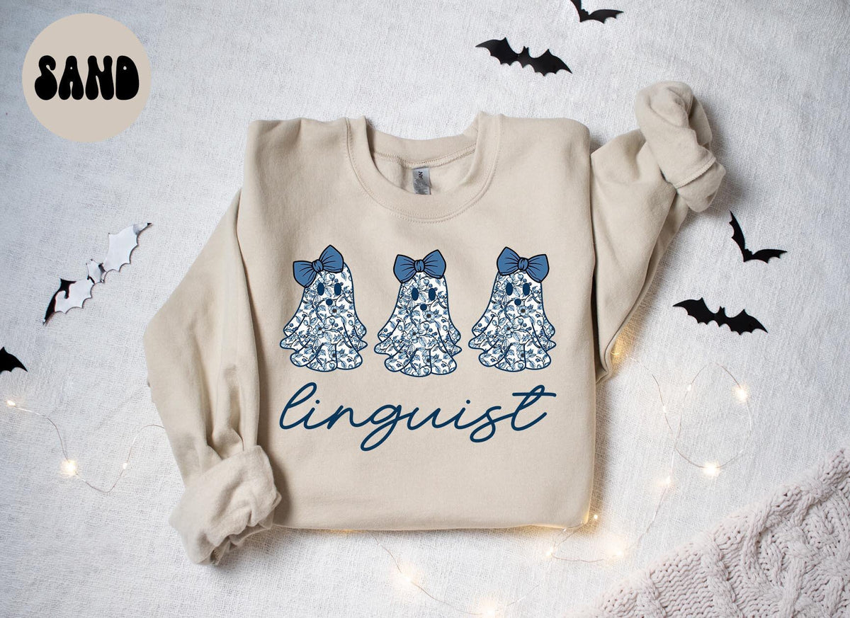 Linguist Linguistics French Blue Toile Halloween Ghosts Coquette Floral Sweatshirt Gifts for Her Funny Sweater Shirt Cozy Comfy Unique Sweatshirt – Fan Favorite · Perfect For Daily Wear