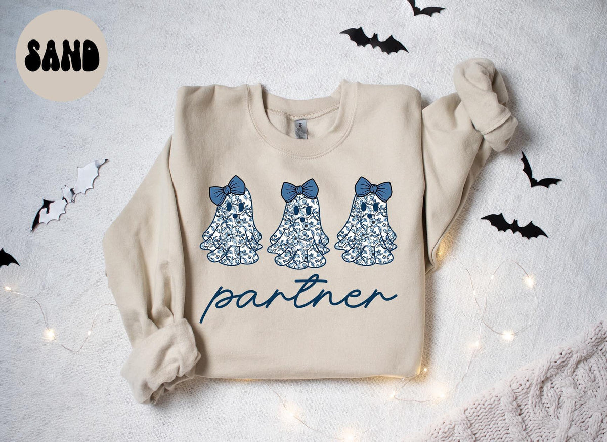 Partner Law Firm French Blue Toile Halloween Ghosts Coquette Floral Sweatshirt Gifts for Her Funny Sweater Shirt Cozy Comfy Unique Sweatshirt – Bold Style · High-Quality Print