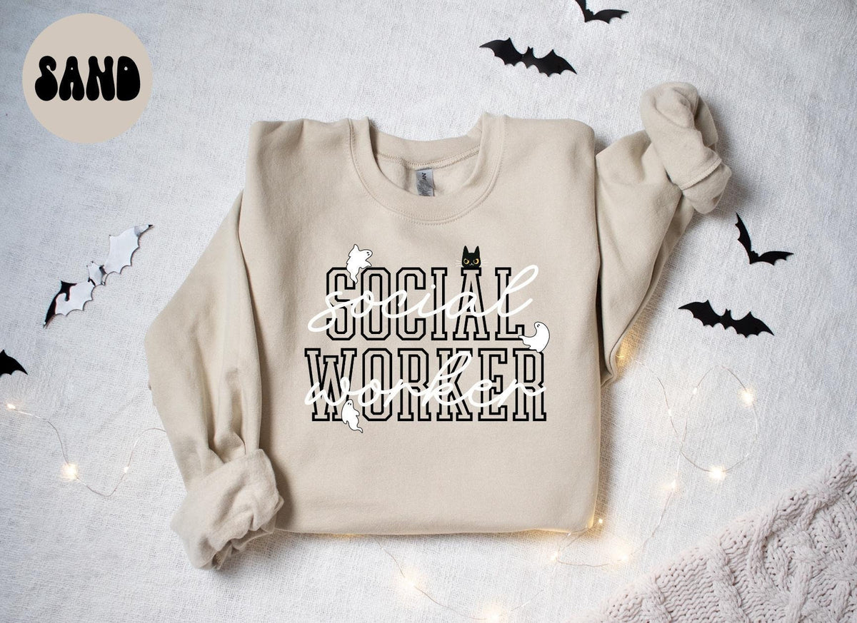 Social Worker Halloween Ghost Cat Sweatshirt Gifts for Her Funny Sweater Shirt Cozy Comfy Unique Sweatshirt – Cozy Vibes · Top Pick For Any Outfit