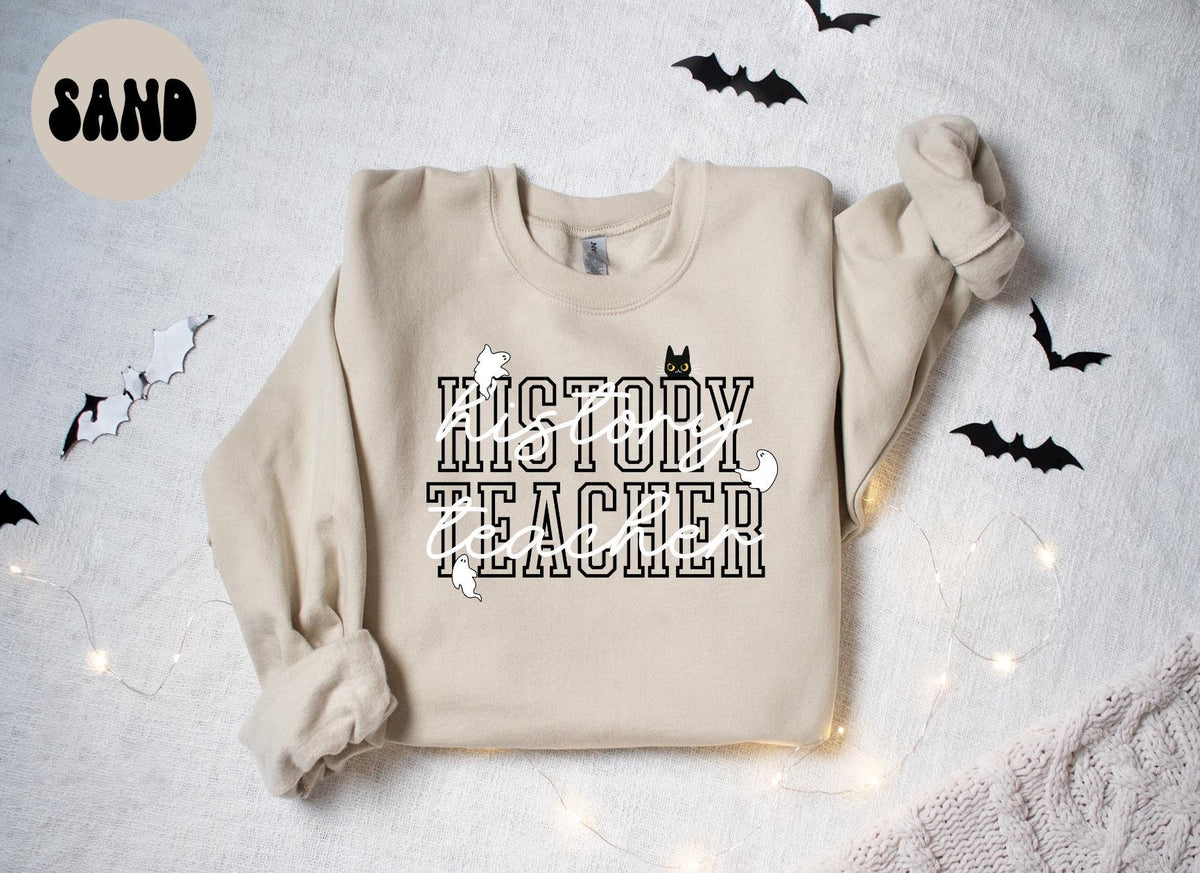 History Teacher Halloween Ghost Cat Sweatshirt Gifts for Her Funny Sweater Shirt Cozy Comfy Unique Sweatshirt – Warm & Stylish · Perfect For Daily Wear