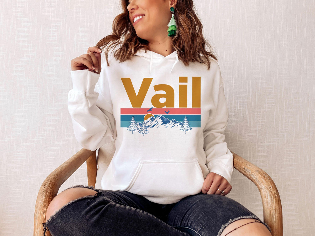 Vail Hoodie Retro Mountain Sun Unisex Vail Colorado Hoodie Sweatshirt Personalization Available Hoodie – Warm & Stylish · High-Quality Print
