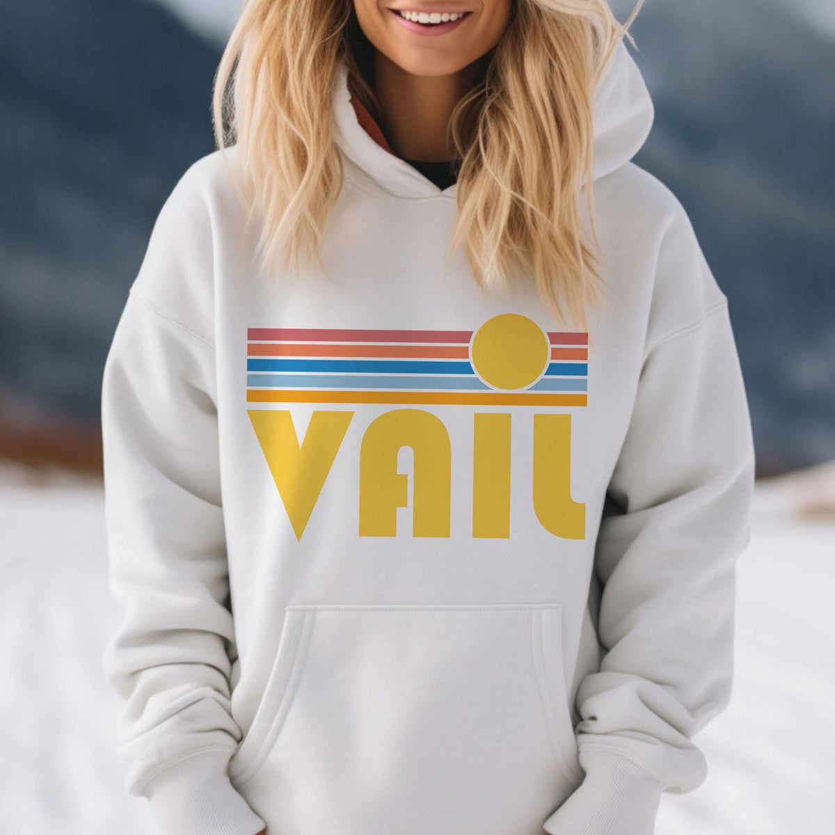 Vail Colorado Hoodie Retro Sunrise Unisex Vail Sweatshirt Personalization Available Hoodie – Premium Graphic · High-Quality Print