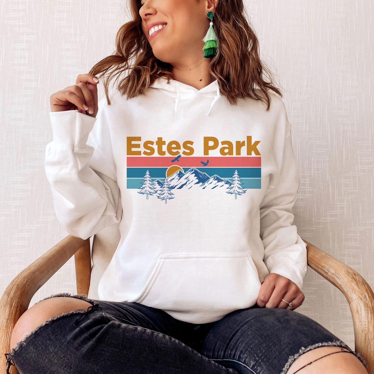 Estes Park Hoodie Retro Mountain Sun Unisex Estes Park Hoodie Sweatshirt Personalization Available Hoodie – Everyday Comfort · High-Quality Print