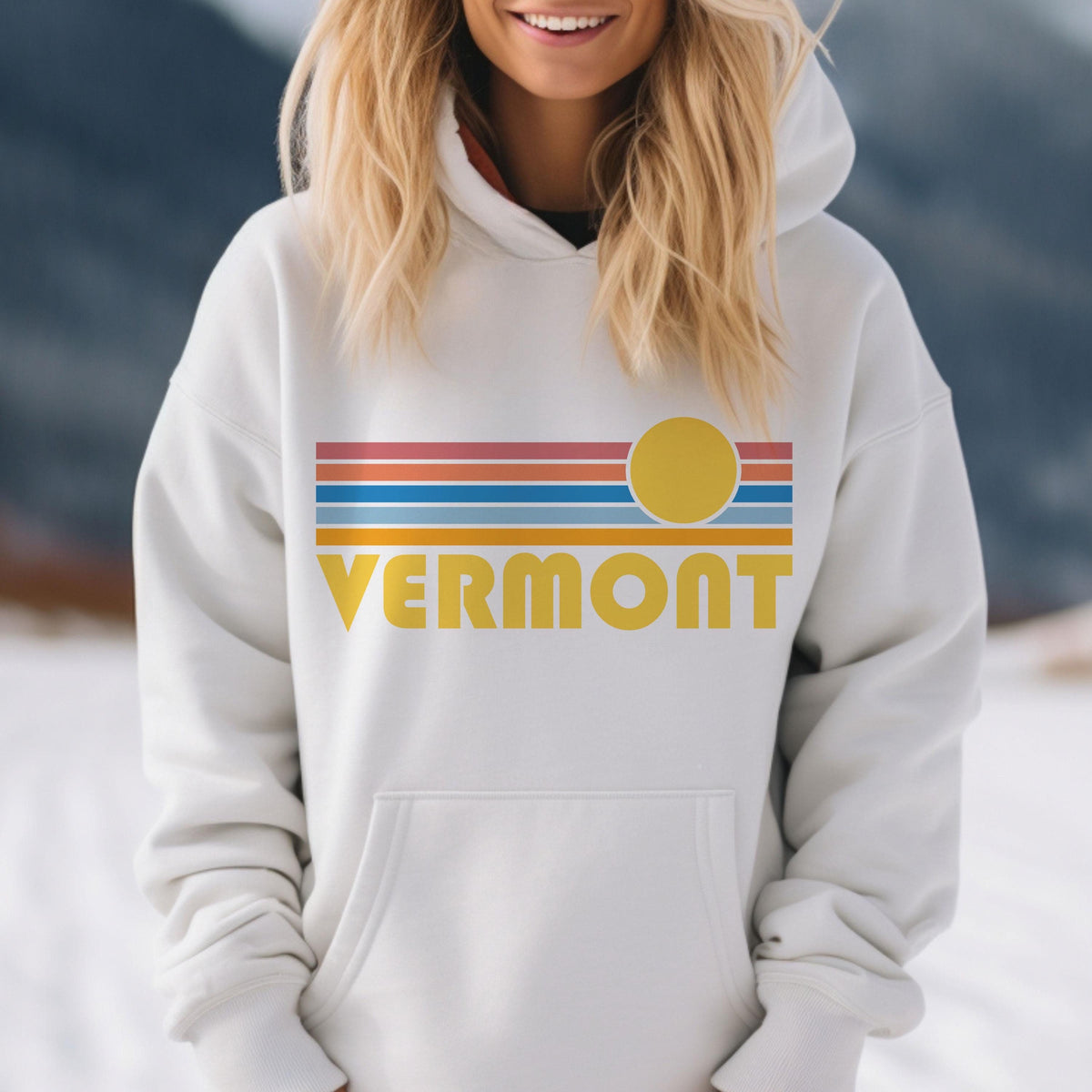 Vermont Hoodie Retro Sunrise Unisex Vermont Sweatshirt Personalization Available Hoodie – Cozy Vibes · Top Pick For Any Outfit