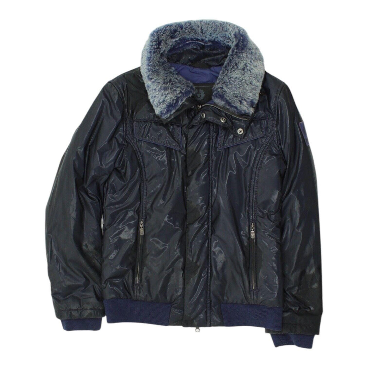 Belstaff Womens Navy Fur Collared Jacket Vintage High End Designer Coat VTG Graphic Tee – Aesthetic Look · Trending Graphic Apparel