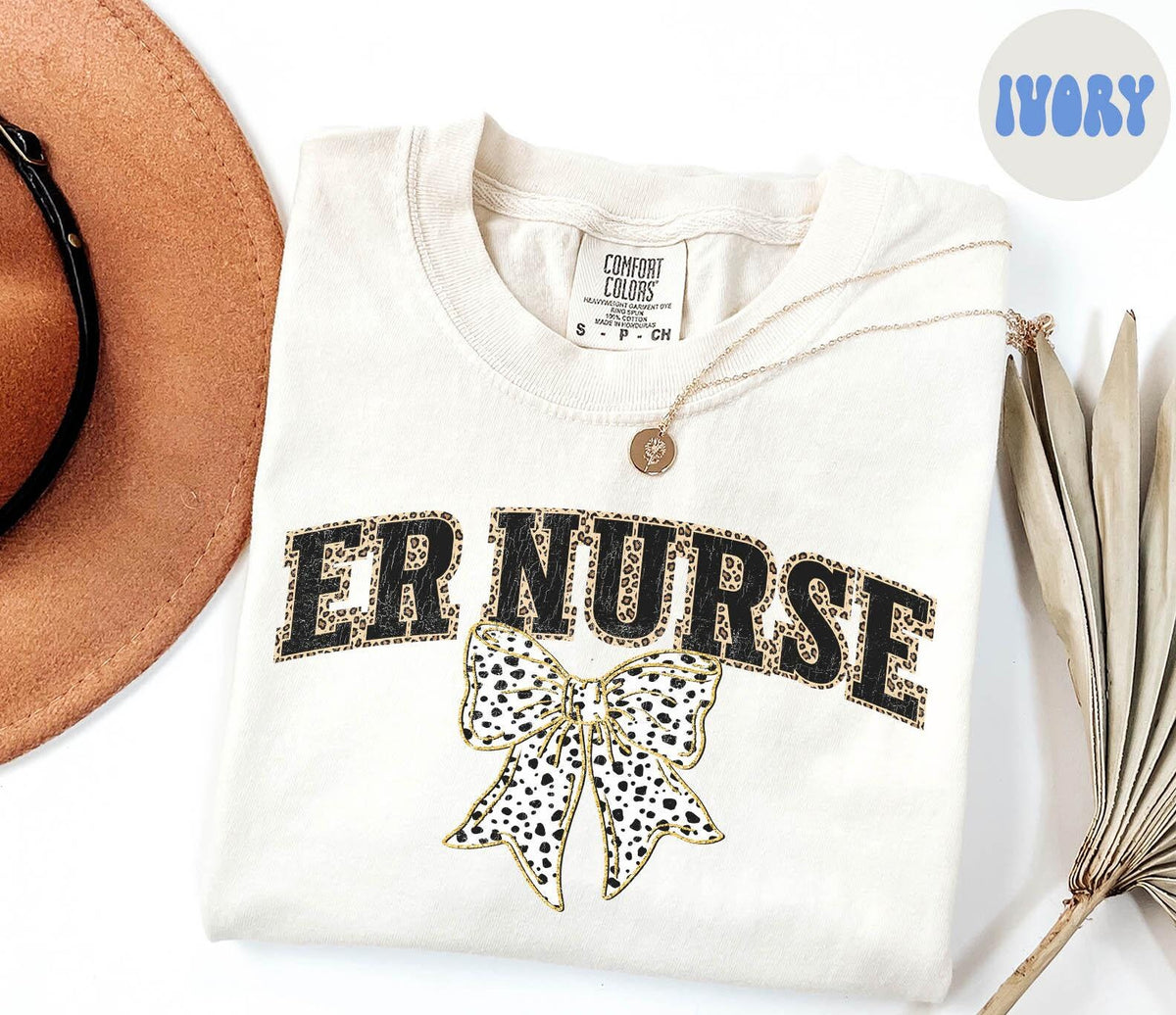 ER Nurse Shirt Emergency Room Nurse Gifts Leopard Print Tshirt Dalmatian Dots Bow Coquette Tee Women Graphic Tee – Bold Style · Perfect For Daily Wear