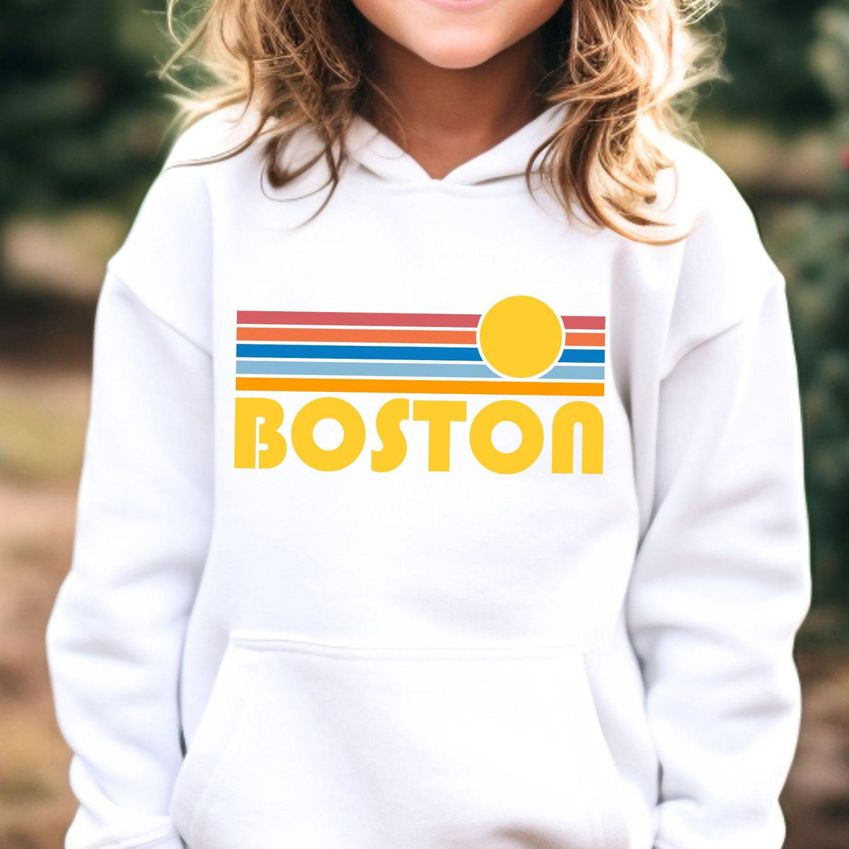 Boston Massachusetts Youth Hoodie Retro Sun Boston Youth Sweatshirt Personalization Available Hoodie – Cozy Vibes · Perfect For Daily Wear