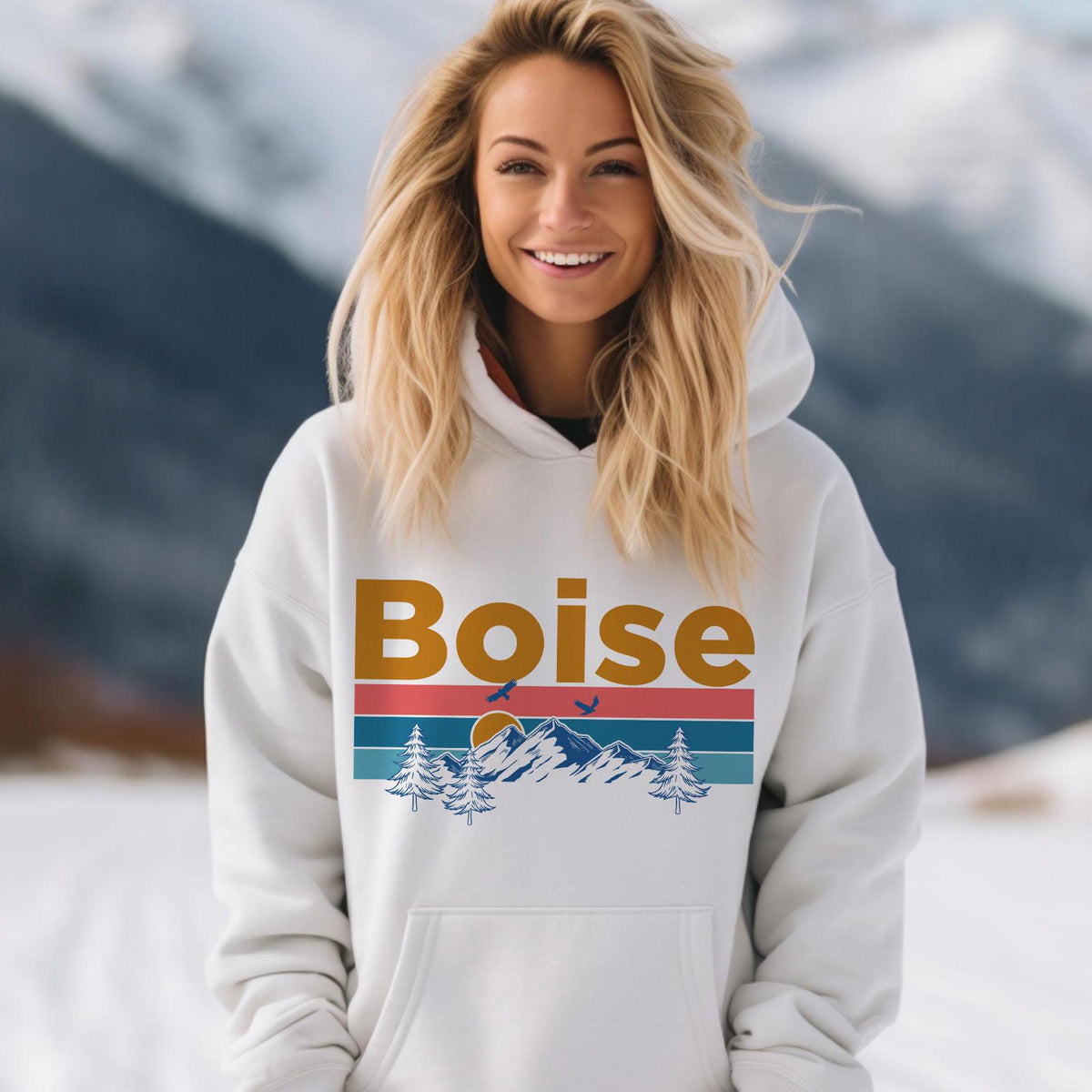 Boise Hoodie Retro Mountain Sun Unisex Boise Hoodie Sweatshirt Personalization Available Hoodie – Soft Feel · Top Pick For Any Outfit