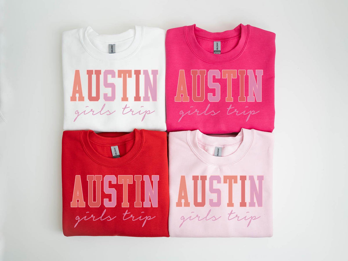 Austin Texas Sweatshirt Girls Trip Sweatshirt Vacation Matching Group Crewneck Shirt Long Sleeve Sweatshirt – Fan Favorite · Great Gift For Fans