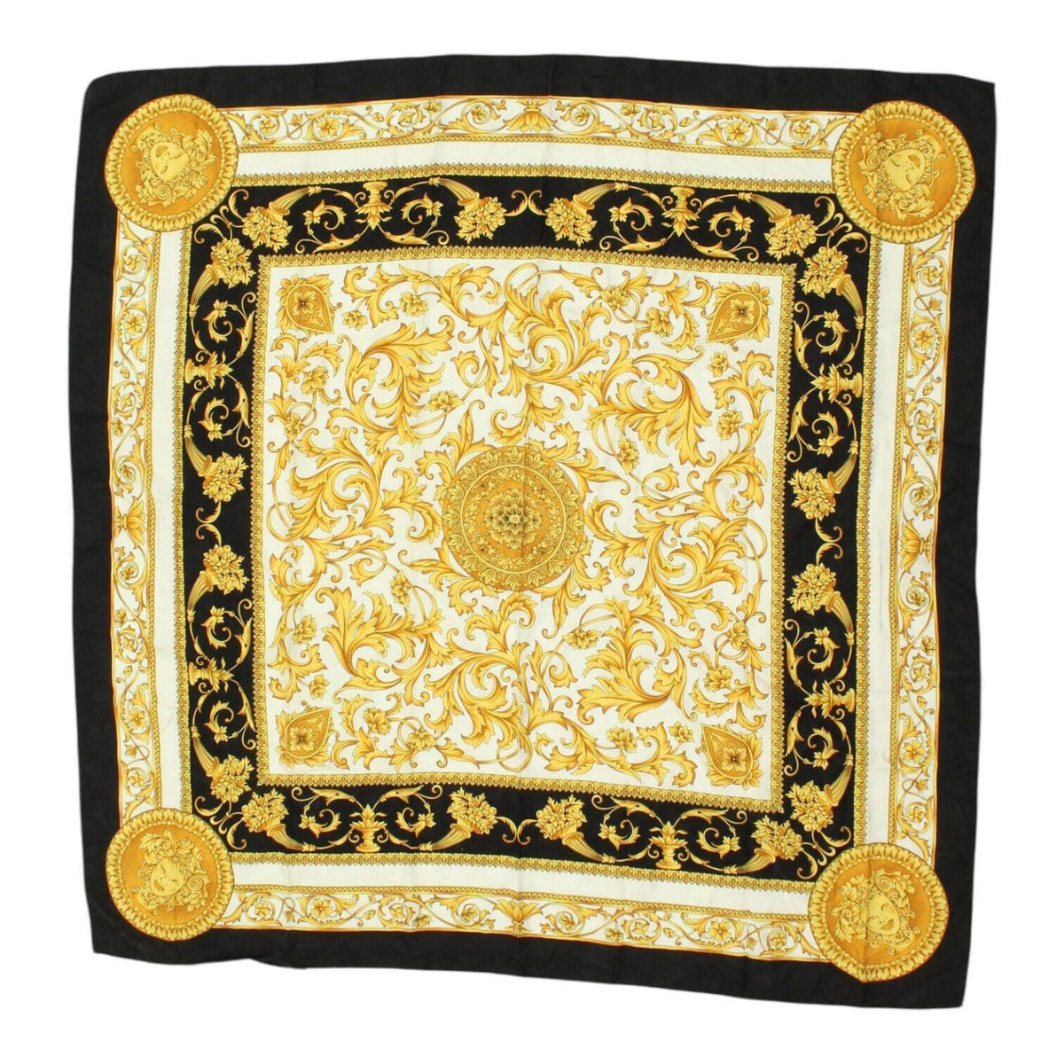 United Colours Of Benetton Womens Black Gold Silk Foulard Scarf Designer VTG Graphic Tee – Soft Feel · Must-Have Style