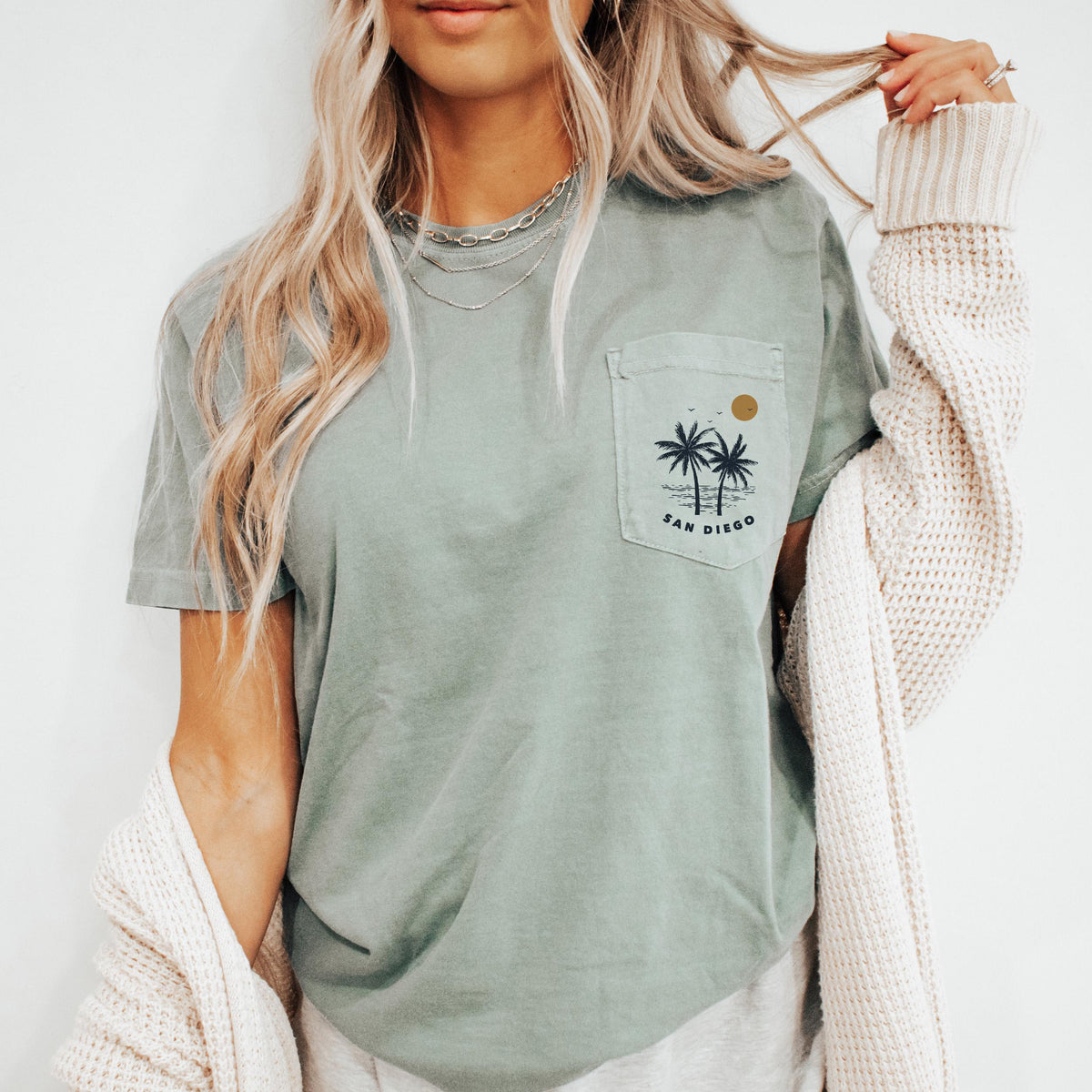 San Diego California Palm Tree Pocket Tee Summer Coastal Vibes Top Beach Apparel Comfort Colors Graphic T Shirt Graphic Tee – Premium Graphic · Great Gift For Fans