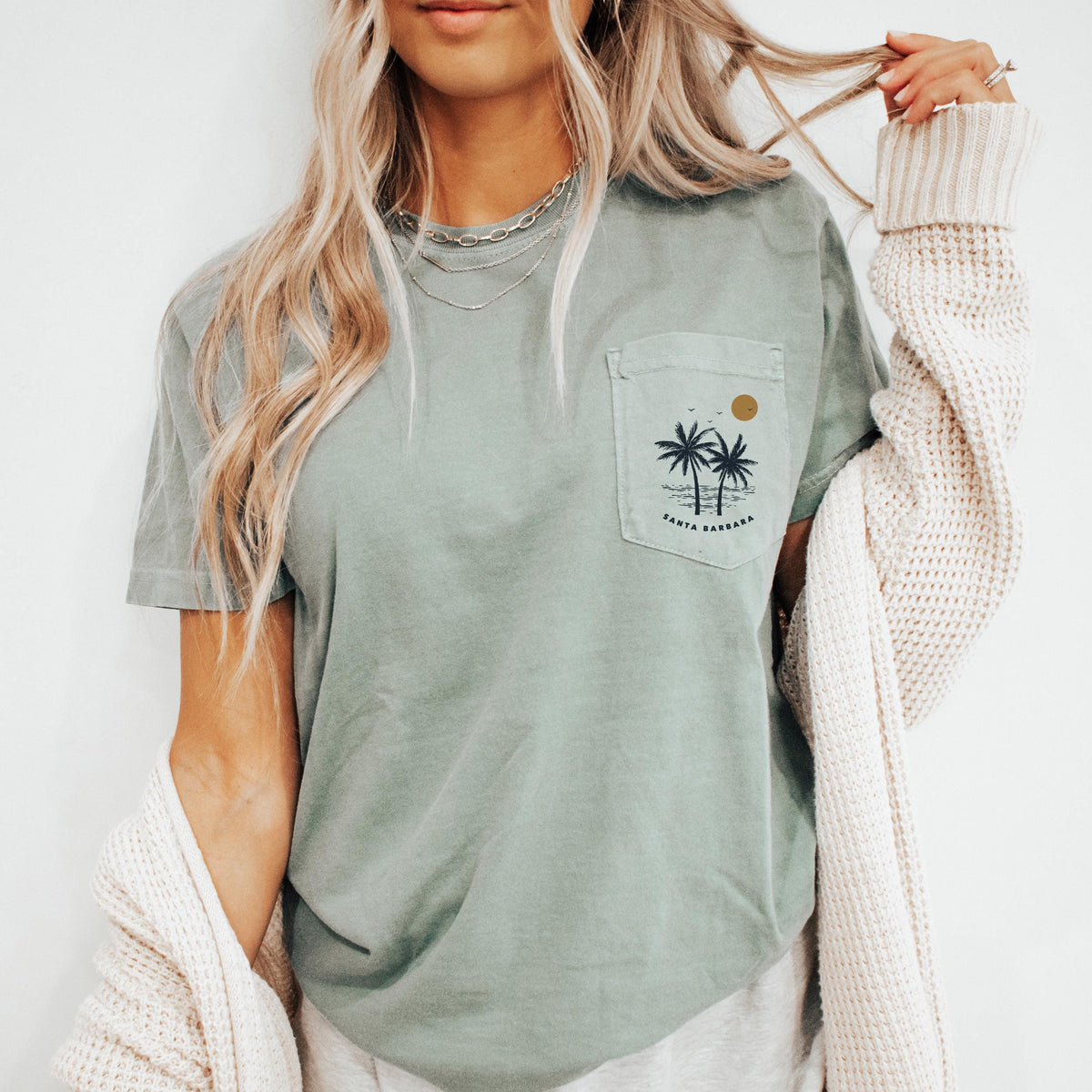 Santa Barbara California Palm Tree Pocket Tee Summer Coastal Vibes Top Beach Apparel Comfort Colors Graphic T Shirt Graphic Tee – Bold Style · Must-Have Style
