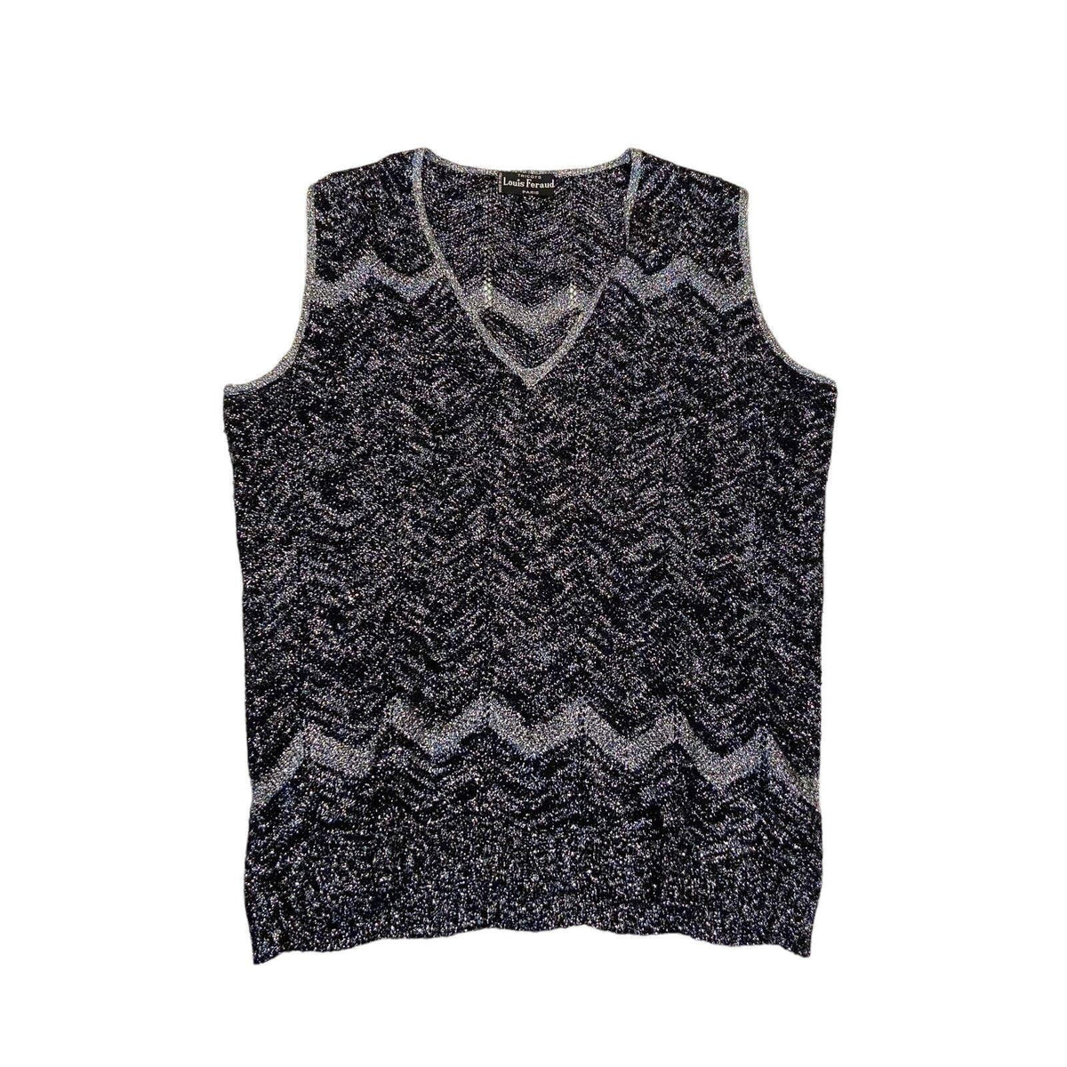 Louis Feraud Womens Vest Vintage Designer Sparkly Black Knit Sleeveless V Neck Graphic Tee – Warm & Stylish · Perfect For Daily Wear