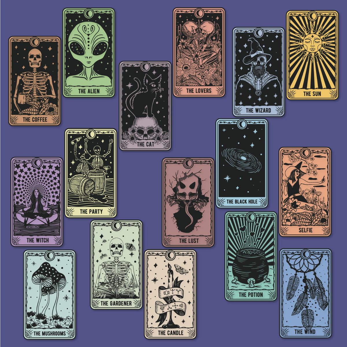 Set of 16 Alternative Tarot Cards with Witchy Vibe Stickers Astrological Mystical Deck Large Stickers for Adults Funny Tarot Stickers Graphic Tee – Soft Feel · High-Quality Print
