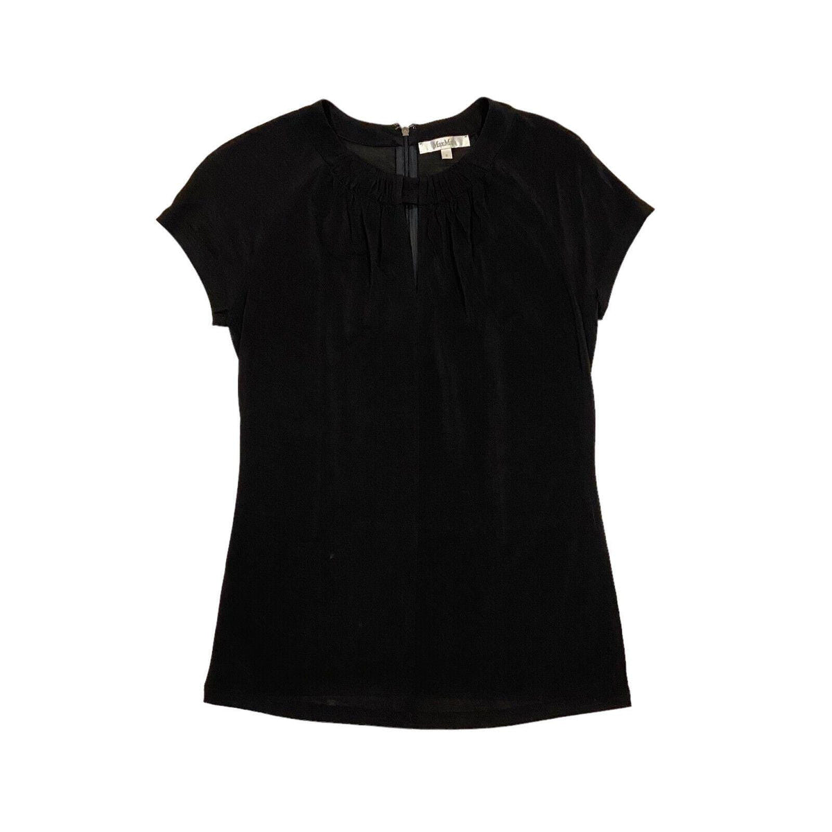 Max Mara Womens Black Top Vintage High End Designer Slit Collar Short Sleeve Graphic Tee – Aesthetic Look · Perfect For Daily Wear