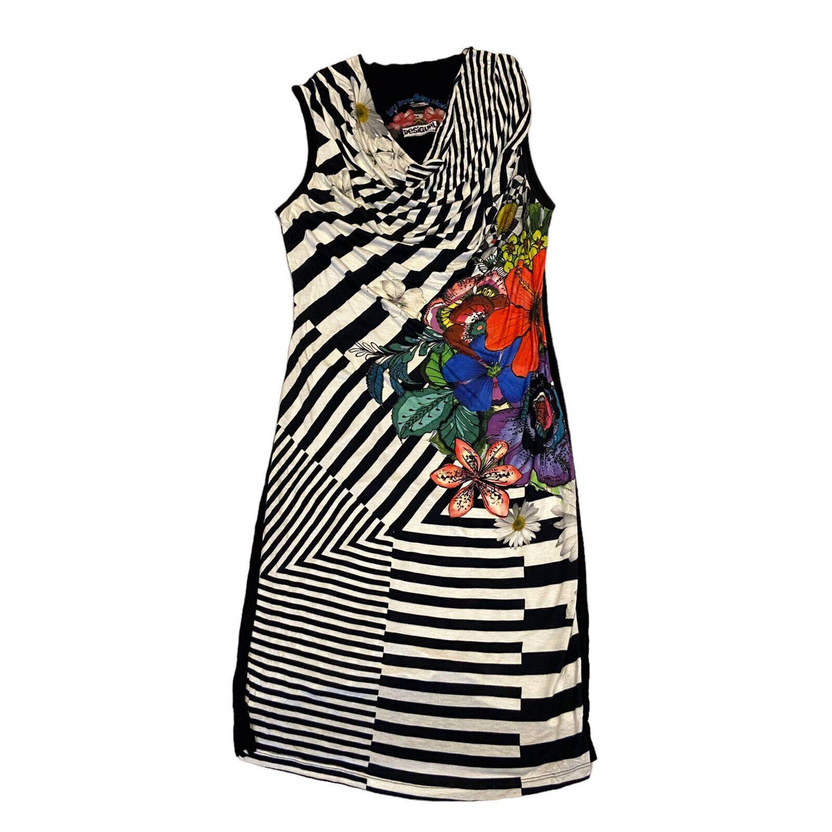 Desigual Sleeveless Floral Dress Vintage Designer Cowl Neck Black White Stripy Graphic Tee – Cozy Vibes · High-Quality Print