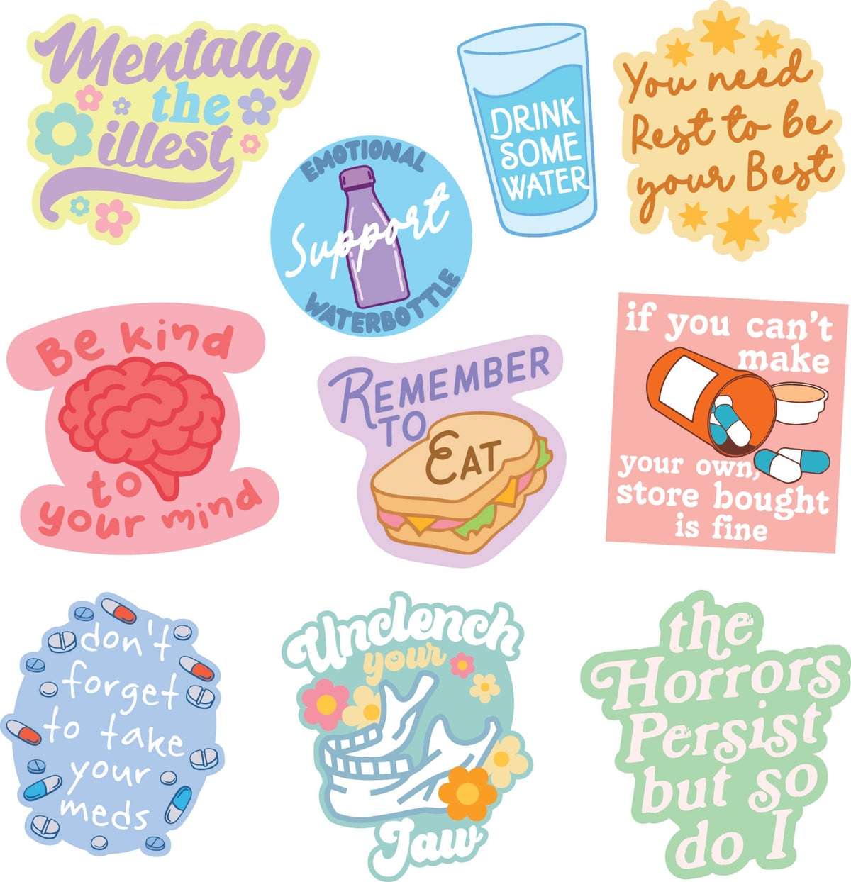 Mindful Sticker Pack with 10 Designs Self Care Encouragement Medication Reminder Positive Affirmations Large Stickers for Adults Graphic Tee – Fan Favorite · High-Quality Print