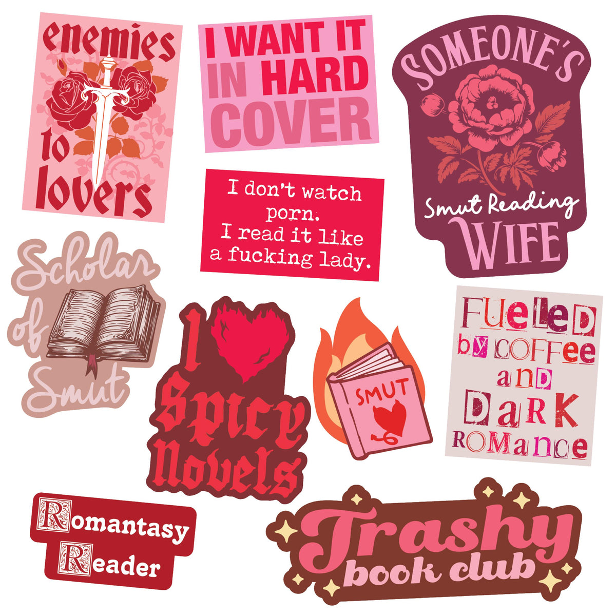 Smut Lover Stickers Set 10 Unique Designs Reading Enthusiast Collection Large Stickers for Adults Readers Spicy Book Lover Stickers Graphic Tee – Cozy Vibes · Trending Graphic Apparel