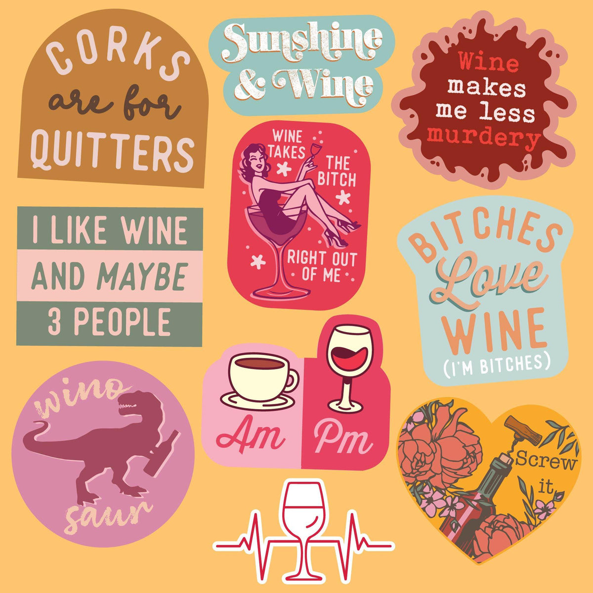 Wine Lover39s Delight Set of 10 Wine Stickers with Sunshine and Wine Theme Large Stickers for Bakers Funny Adhesives with Memes Graphic Tee – Fan Favorite · Trending Graphic Apparel