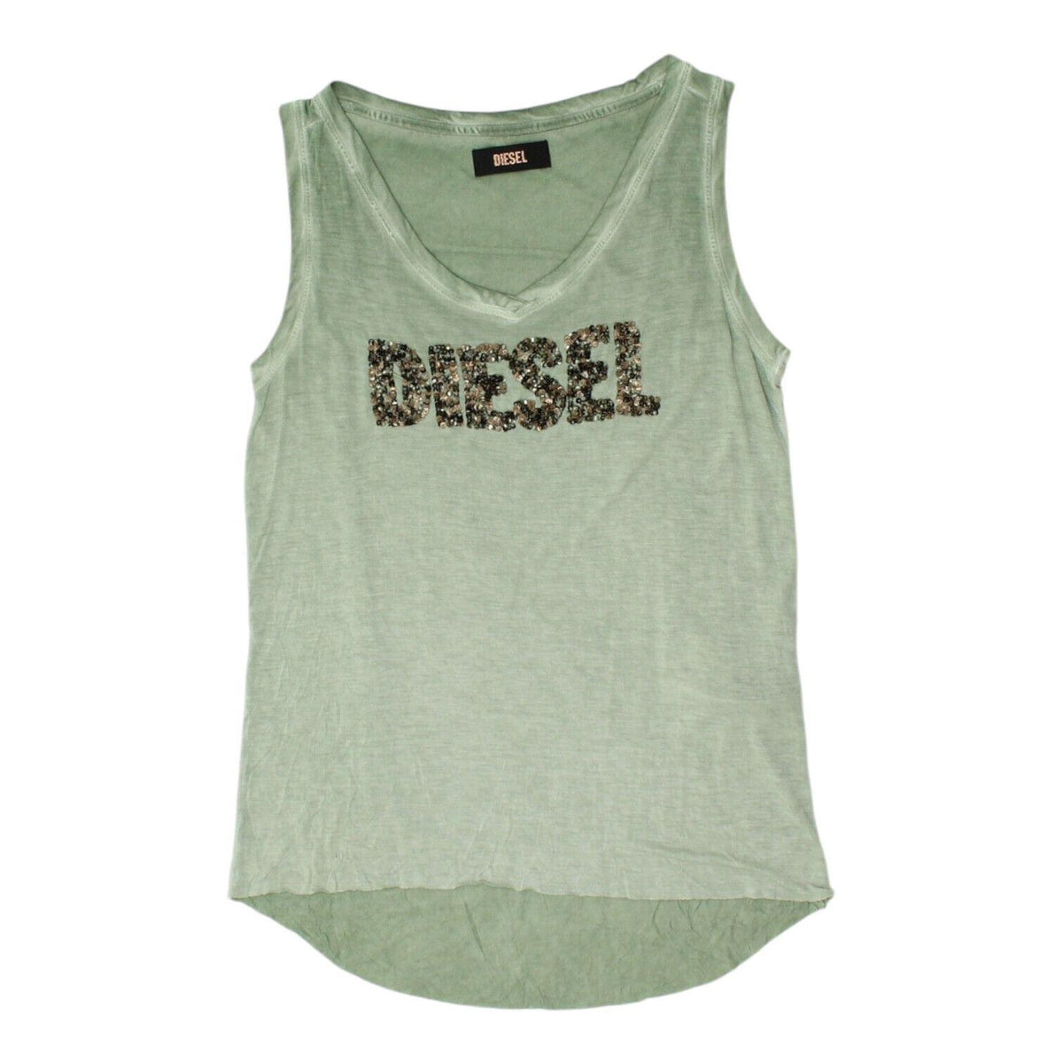 Diesel Womens Tank Top Green Sequin Spellout Logo Designer Sleeveless Vest Tank Top – Warm & Stylish · Must-Have Style