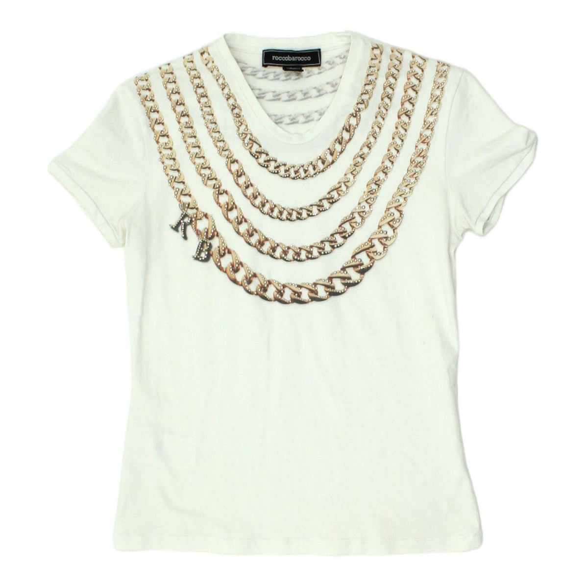 Roccobarocco Womens Chain Tshirt Vintage Stretchy White Studded Designer VTG Graphic Tee – Feel-Good Design · Great Gift For Fans