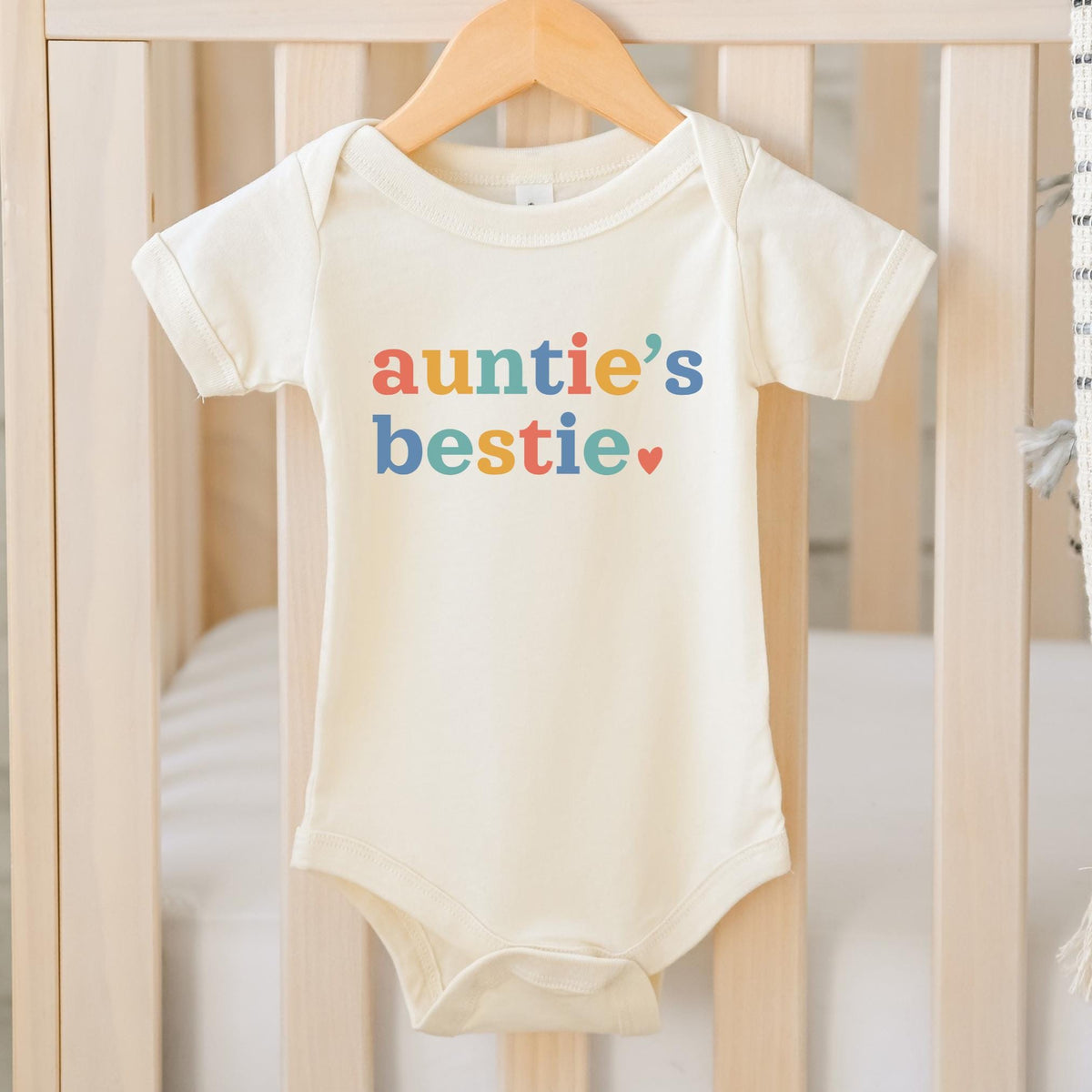 Auntie39s Bestie Baby Bodysuit Cool Aunt Gift from Aunt Newborn Gift from Auntie Pregnancy Announcement Aunt Niece Baby Shirt Nephew Baby Graphic Tee – Fan Favorite · Perfect For Daily Wear